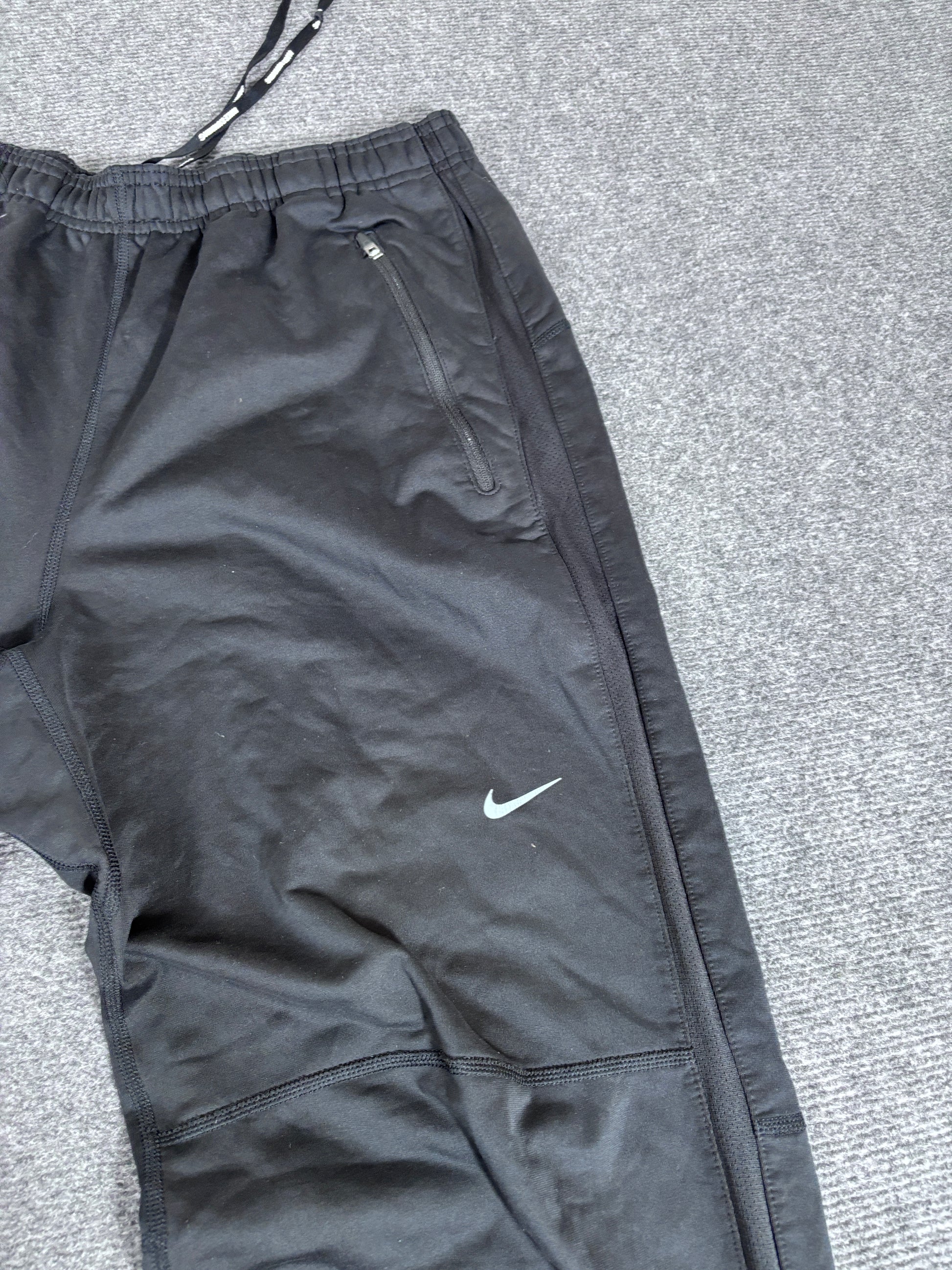 Nike Dri-Fit Track Pants Men’s M Black Grey Swoosh Running Double Knee Ankle Zip