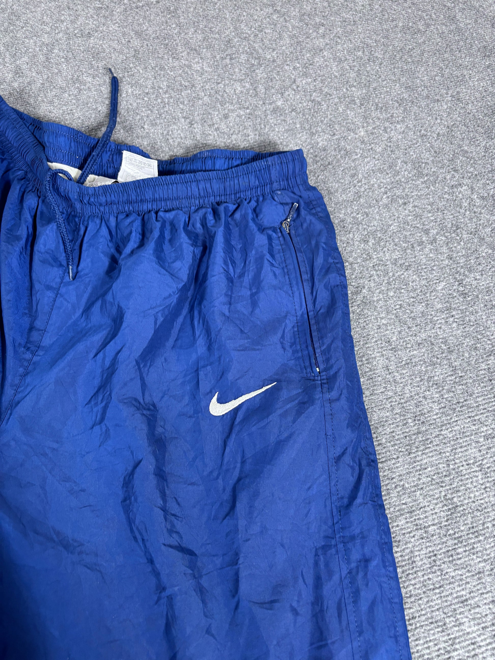 Vintage 90s Nike Track Pants Men’s XL Navy Nylon White Swoosh Wide Leg Ankle Zip