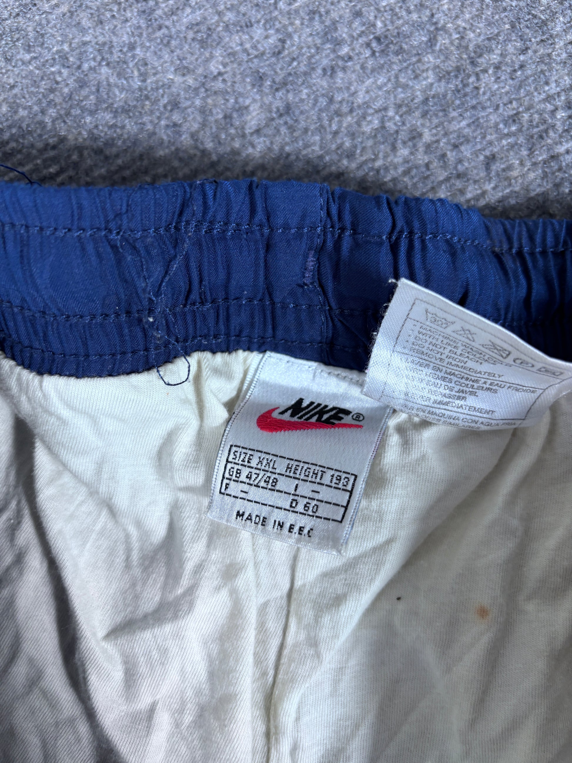 Vintage 90s Nike Track Pants Men’s XL Navy Nylon White Swoosh Wide Leg Ankle Zip