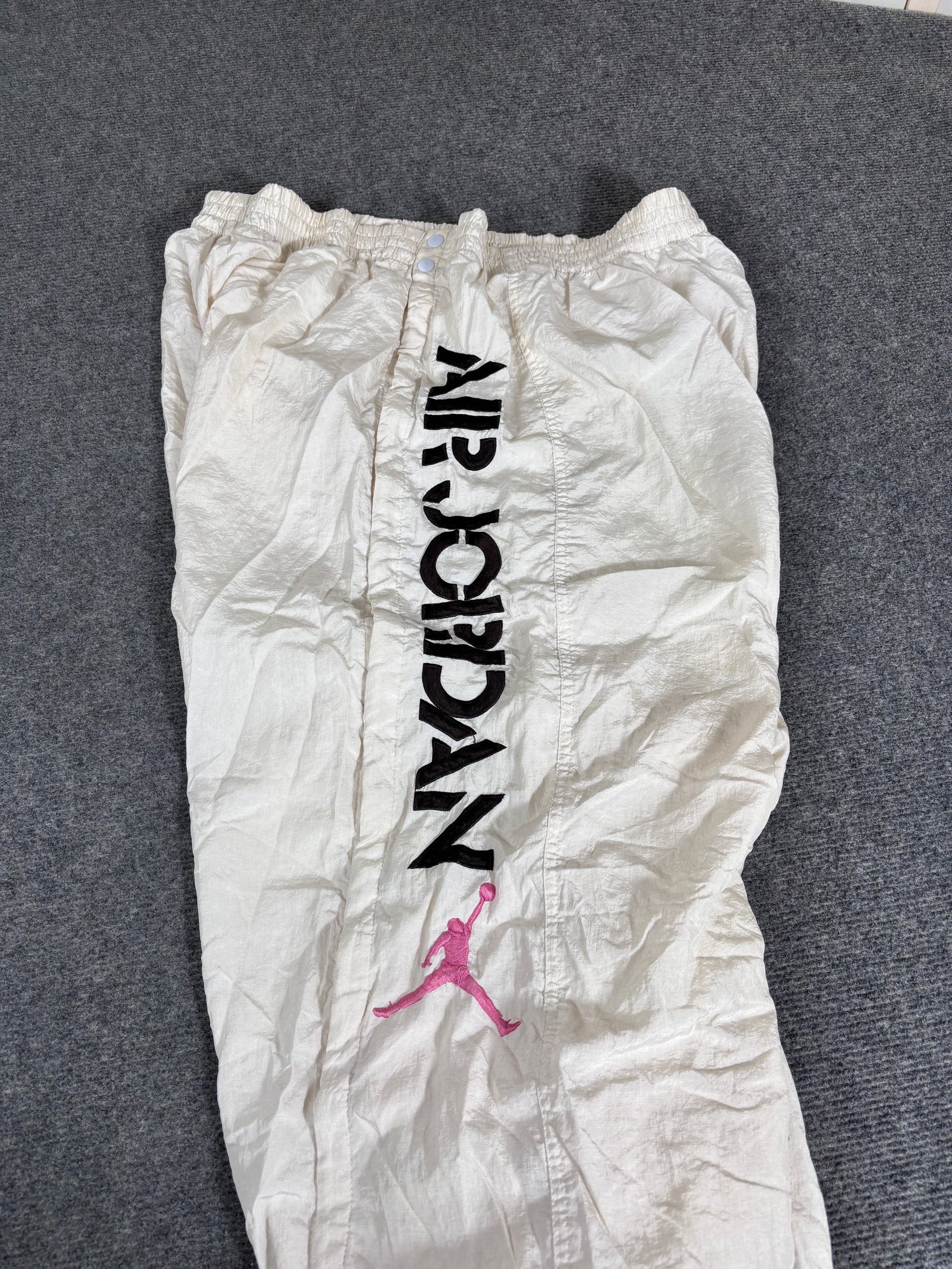 Vintage 1989 Nike Flight Track Pants Men’s L White Pink Tear-Away Air Jordan Spell Out Baggy Rare