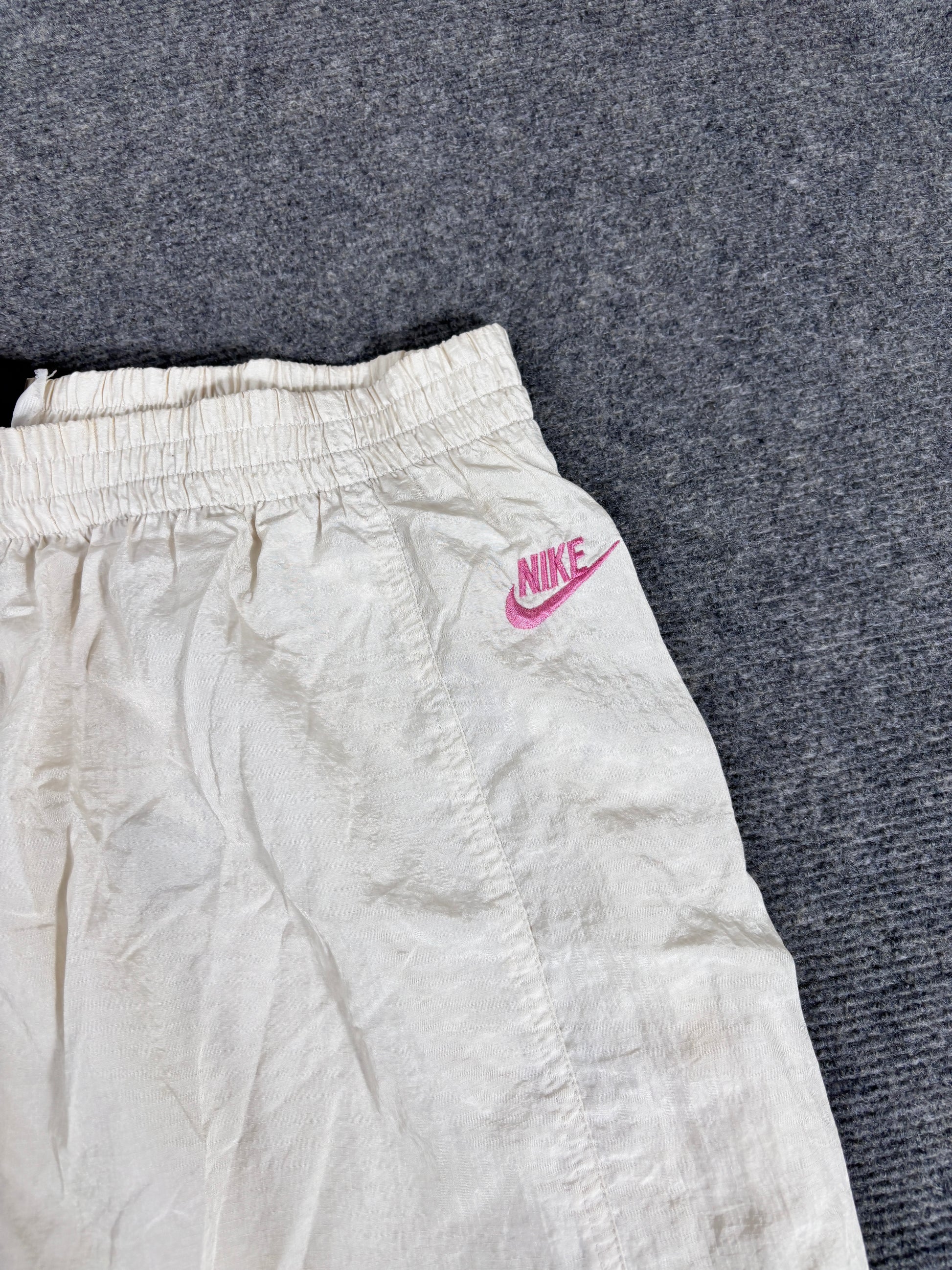 Vintage 1989 Nike Flight Track Pants Men’s L White Pink Tear-Away Air Jordan Spell Out Baggy Rare