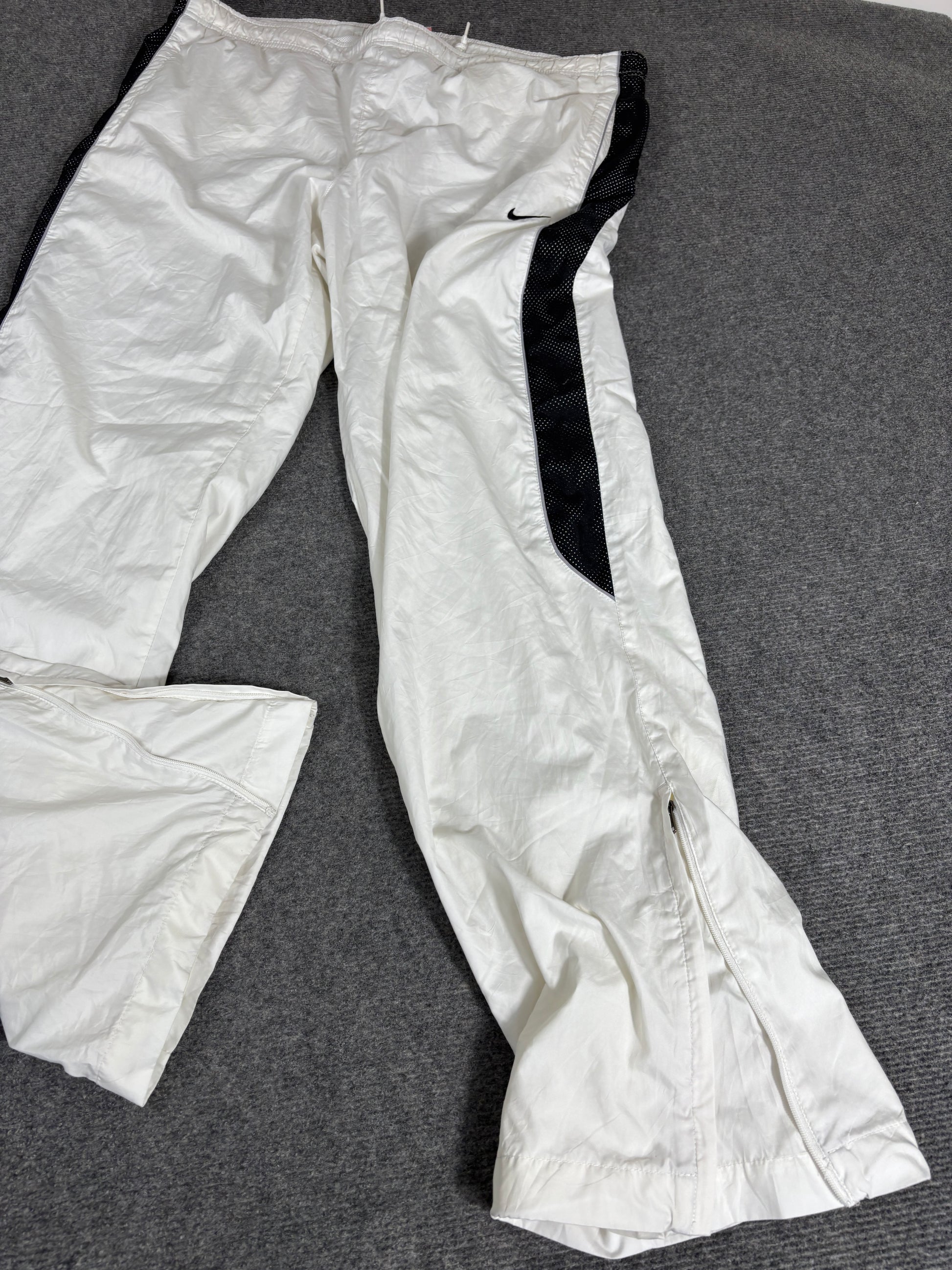 Vintage Y2K Nike Track Pants Women’s L White Black Mesh Panel Swoosh Wide Leg Ankle Swoosh