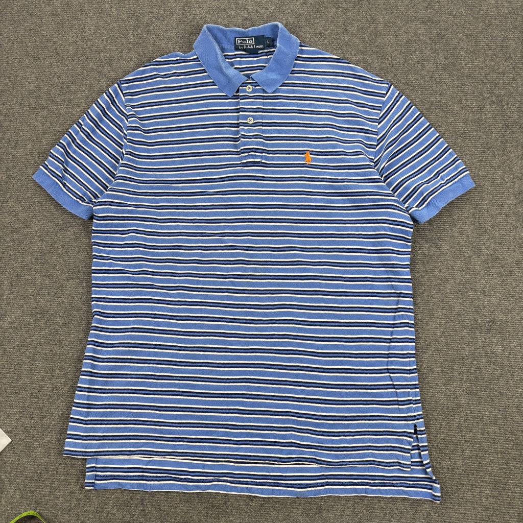 Vintage 90s Polo Ralph Lauren Polo Shirt Men's L Navy Blue Stripe Small Pony Golf