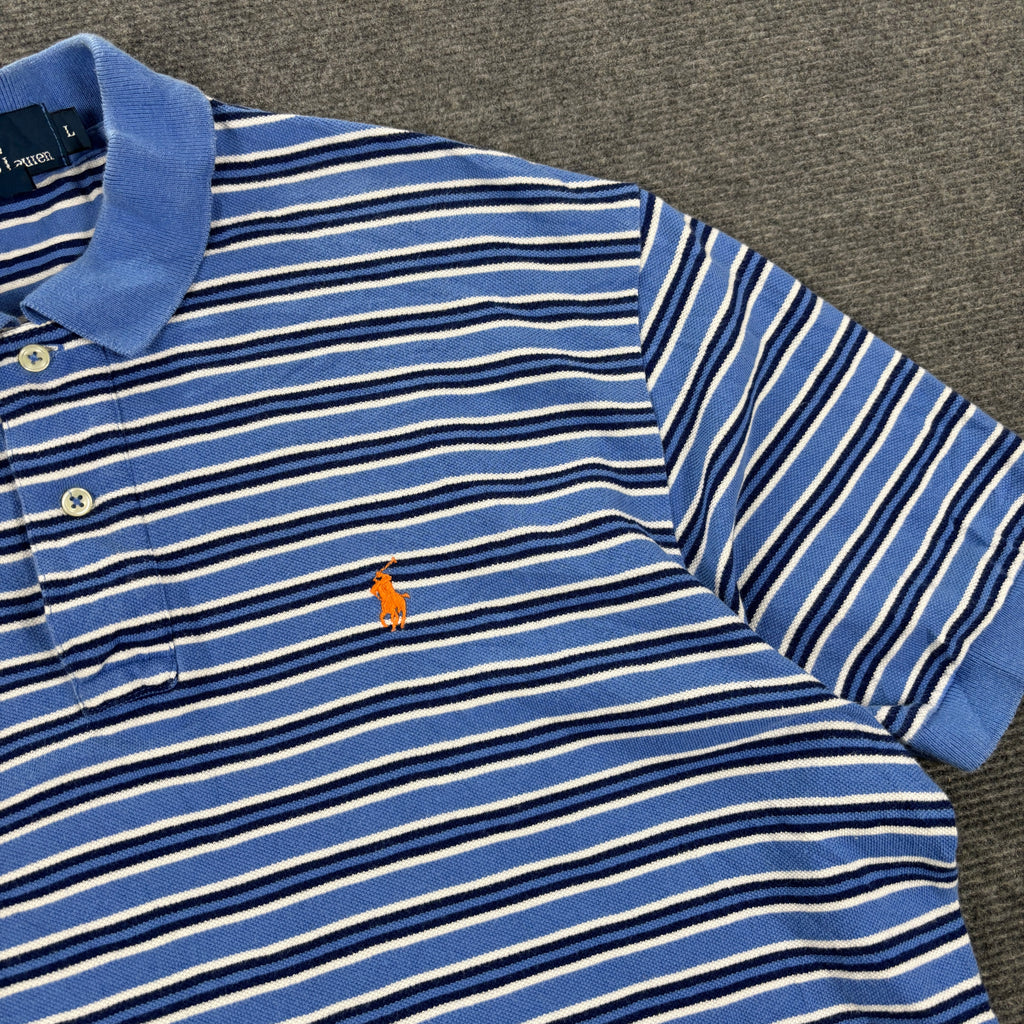 Vintage 90s Polo Ralph Lauren Polo Shirt Men's L Navy Blue Stripe Small Pony Golf