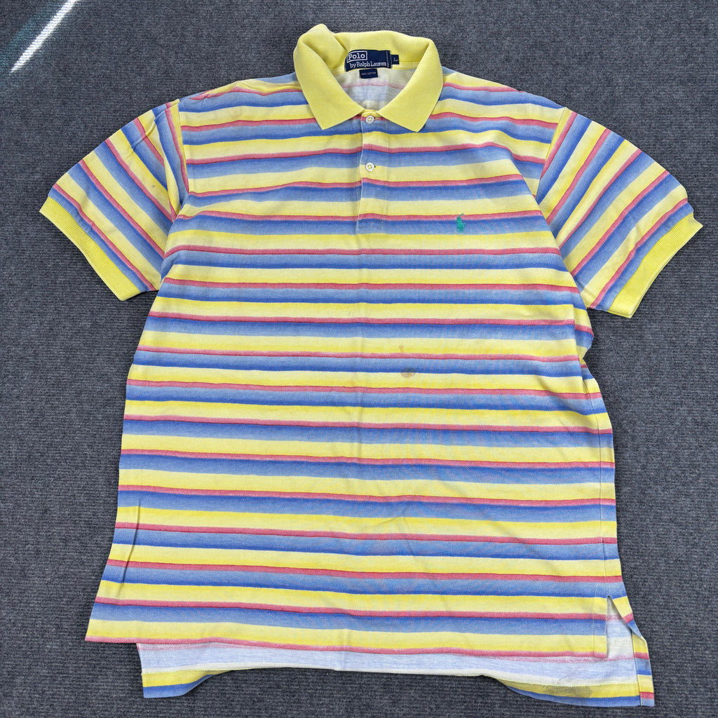 Vintage 90s Polo Ralph Lauren Polo Shirt Men's L Blue Yellow Stripe Small Pony