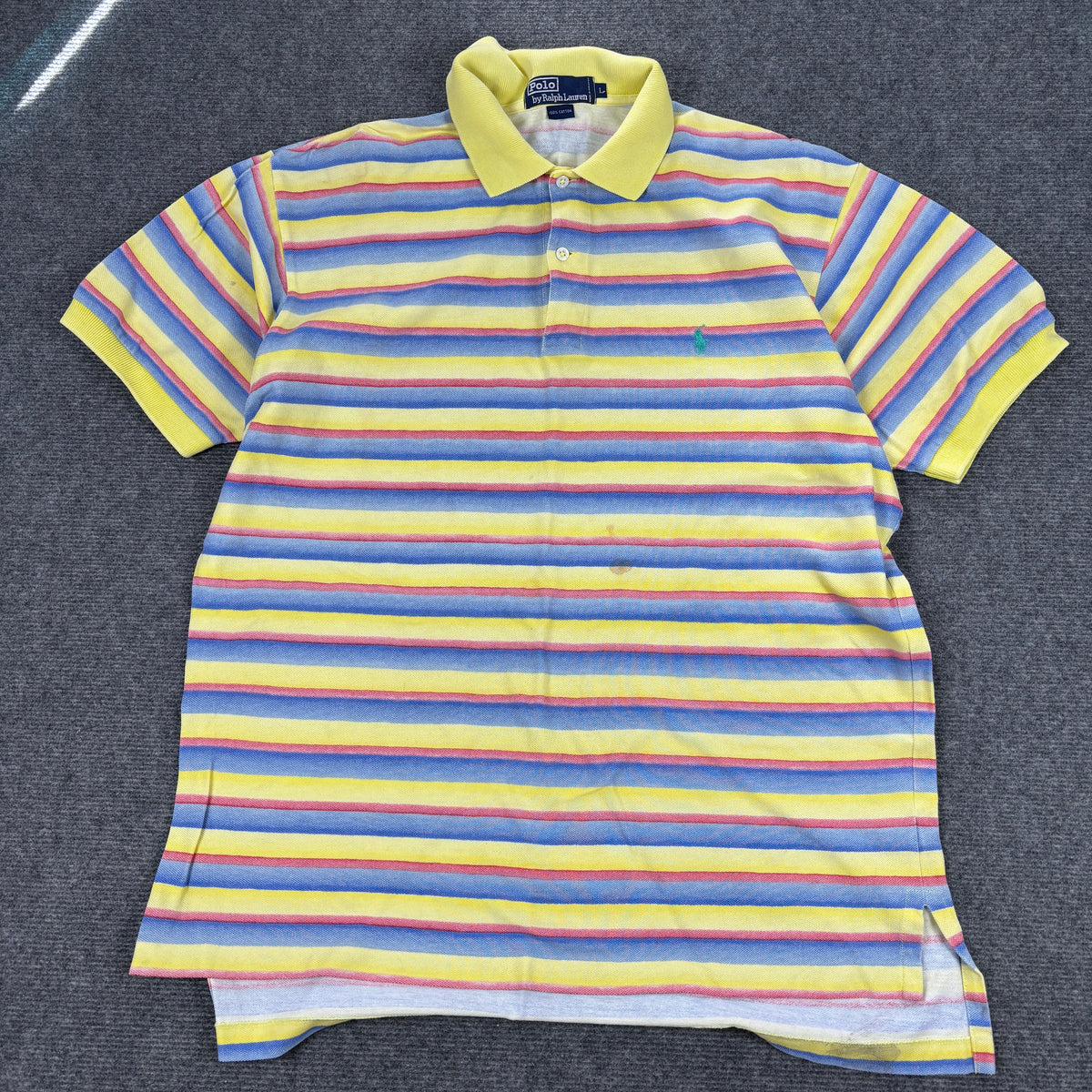 Vintage 90s Polo Ralph Lauren Polo Shirt Men's L Blue Yellow Stripe Small Pony