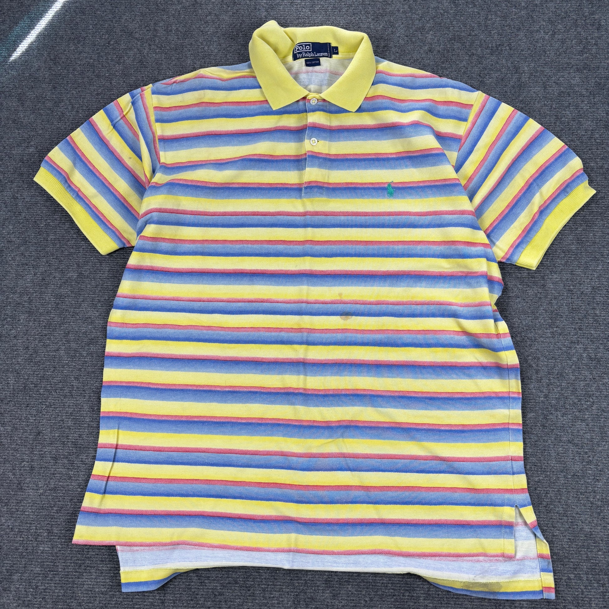Vintage 90s Polo Ralph Lauren Polo Shirt Men's L Blue Yellow Stripe Small Pony
