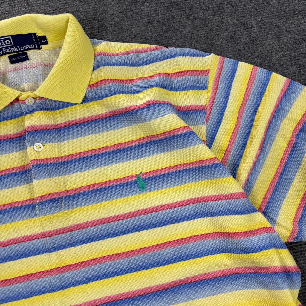 Vintage 90s Polo Ralph Lauren Polo Shirt Men's L Blue Yellow Stripe Small Pony
