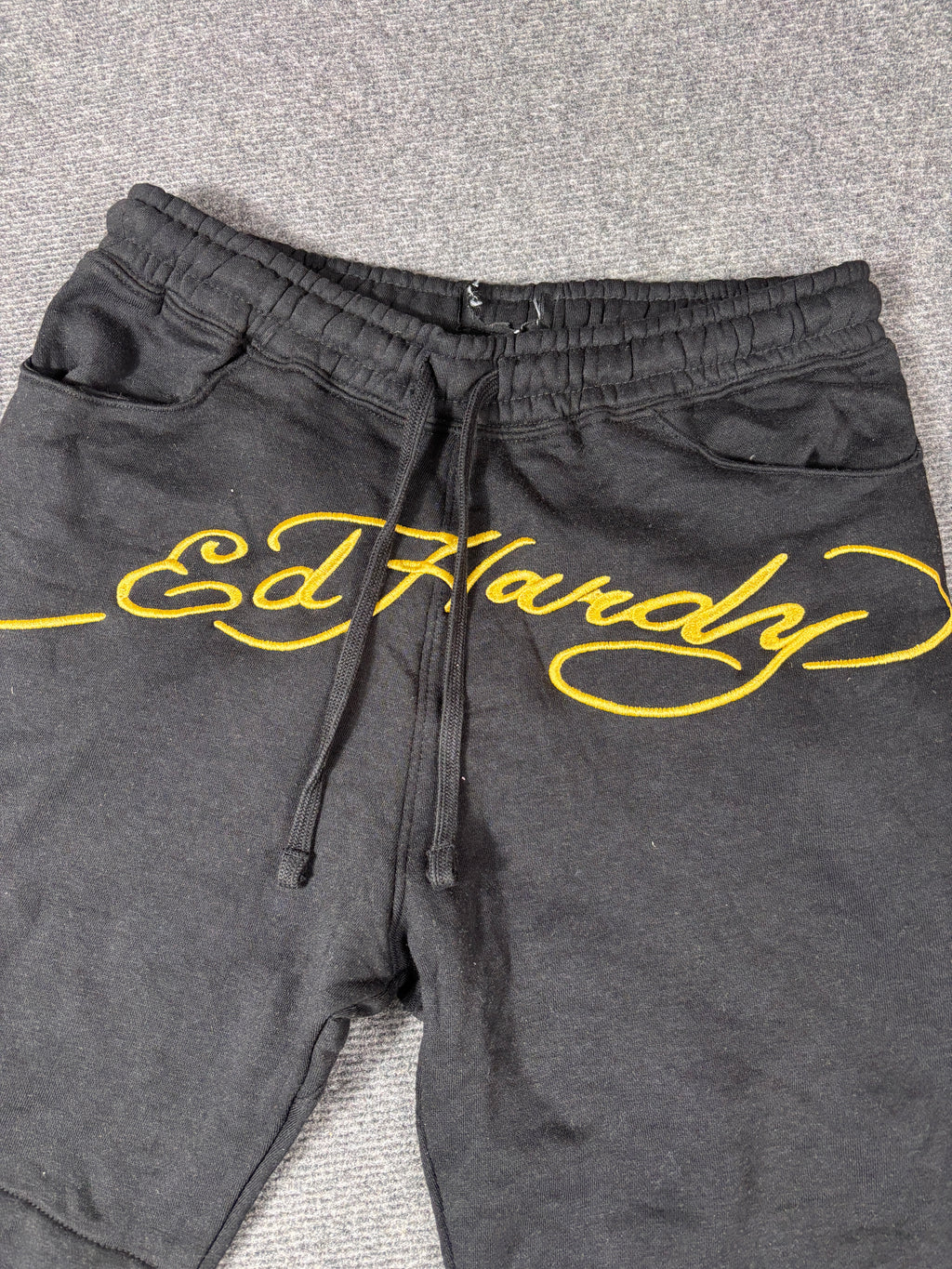Ed Hardy Sweat Shorts Size S Black Yellow Spell Out Y2K Streetwear