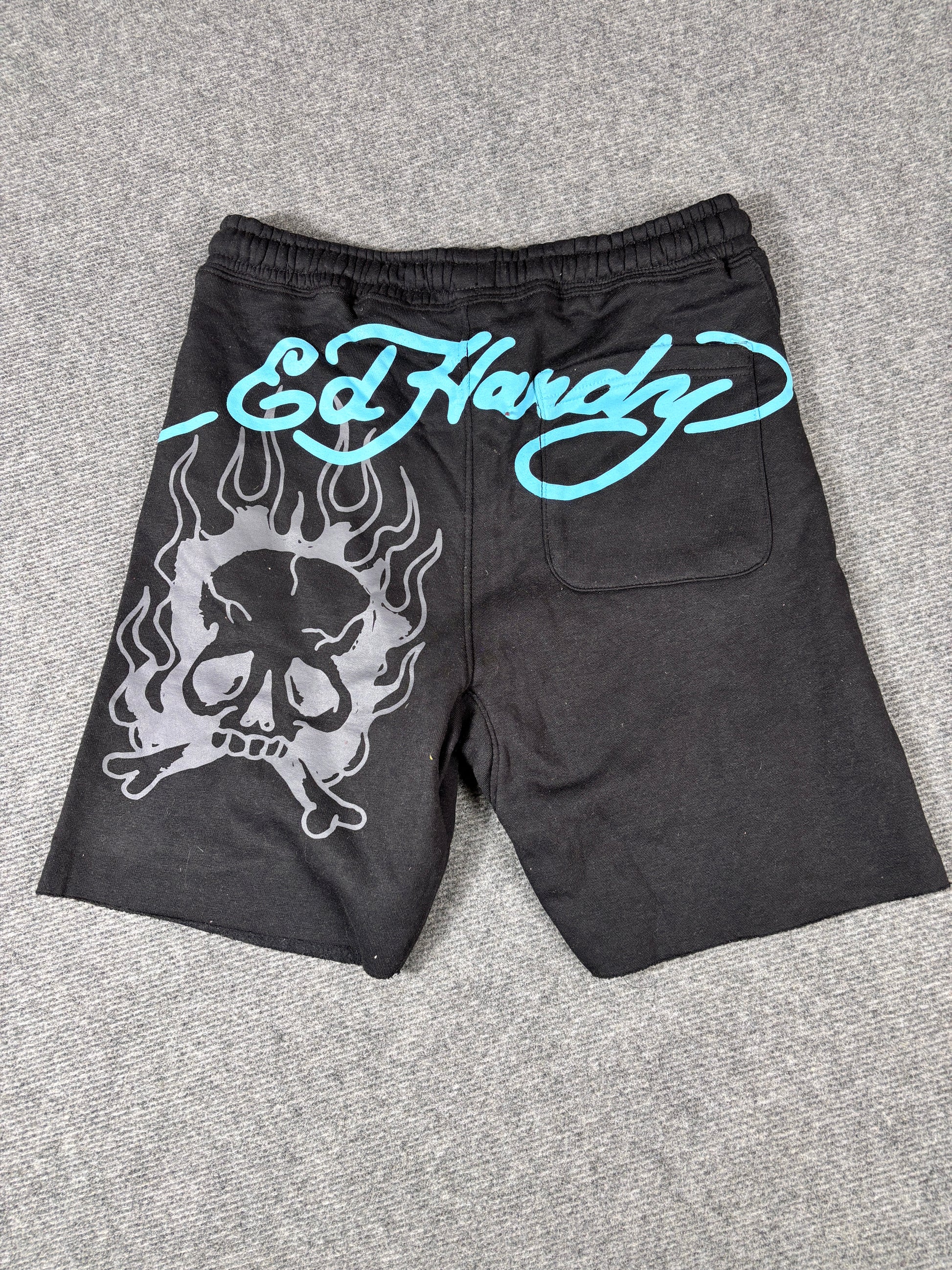 Ed Hardy Sweat Shorts Size S Black Tattoo Art Panther Blue Hardy Spell Out Y2K Style