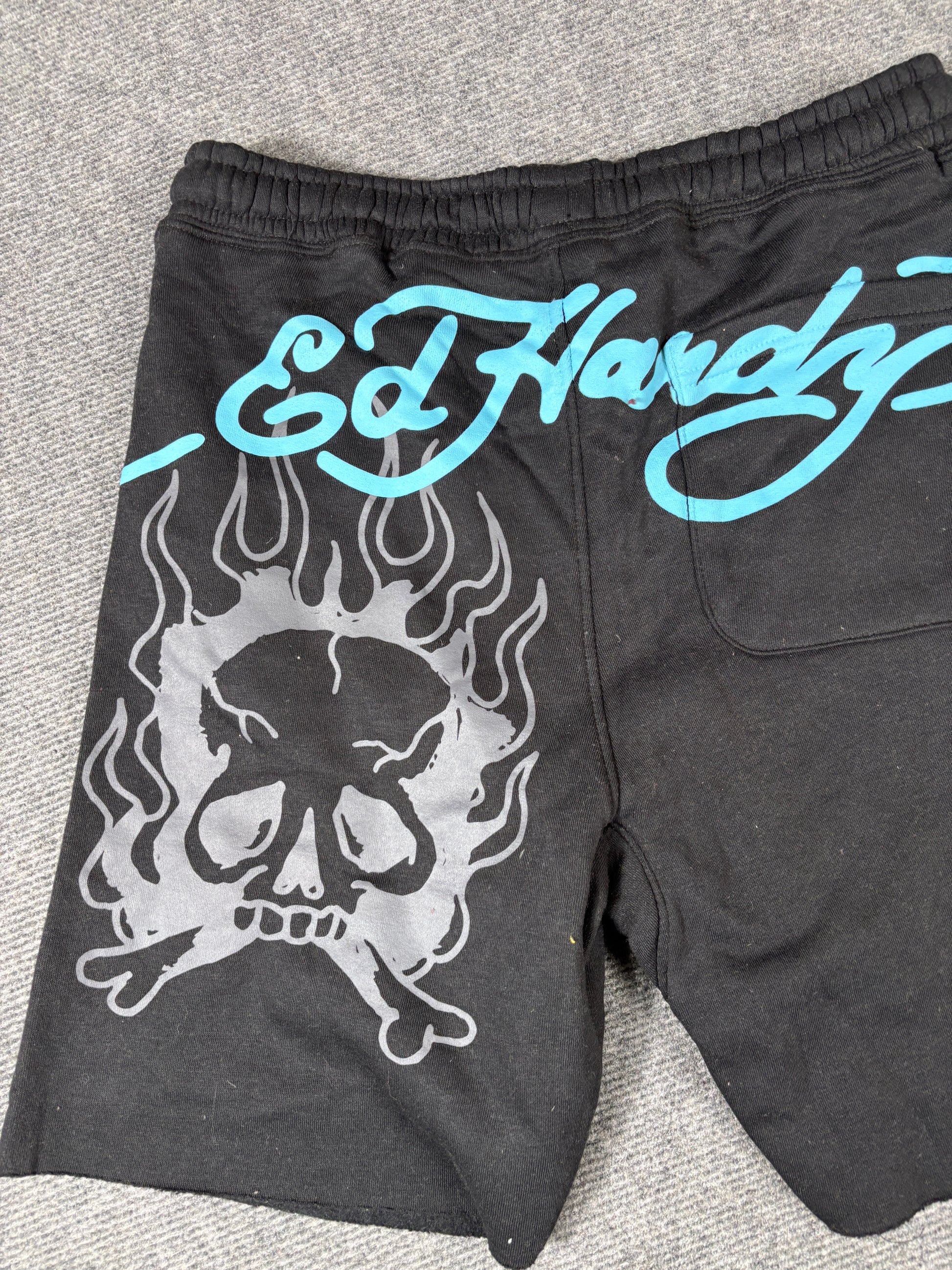 Ed Hardy Sweat Shorts Size S Black Tattoo Art Panther Blue Hardy Spell Out Y2K Style