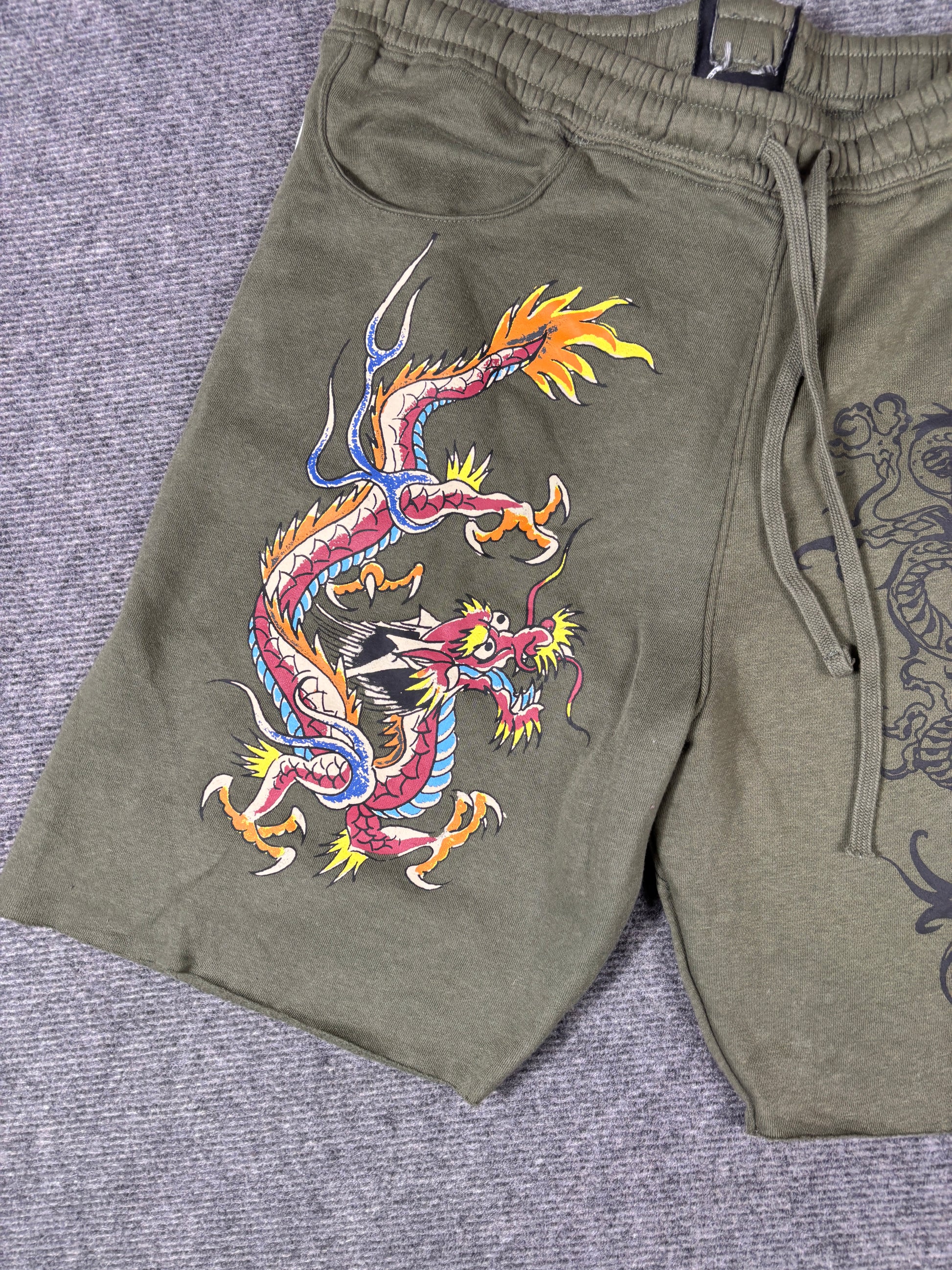 Ed Hardy Sweat Shorts Size XL Green Tattoo Art Dragon Y2K Streetwear Style