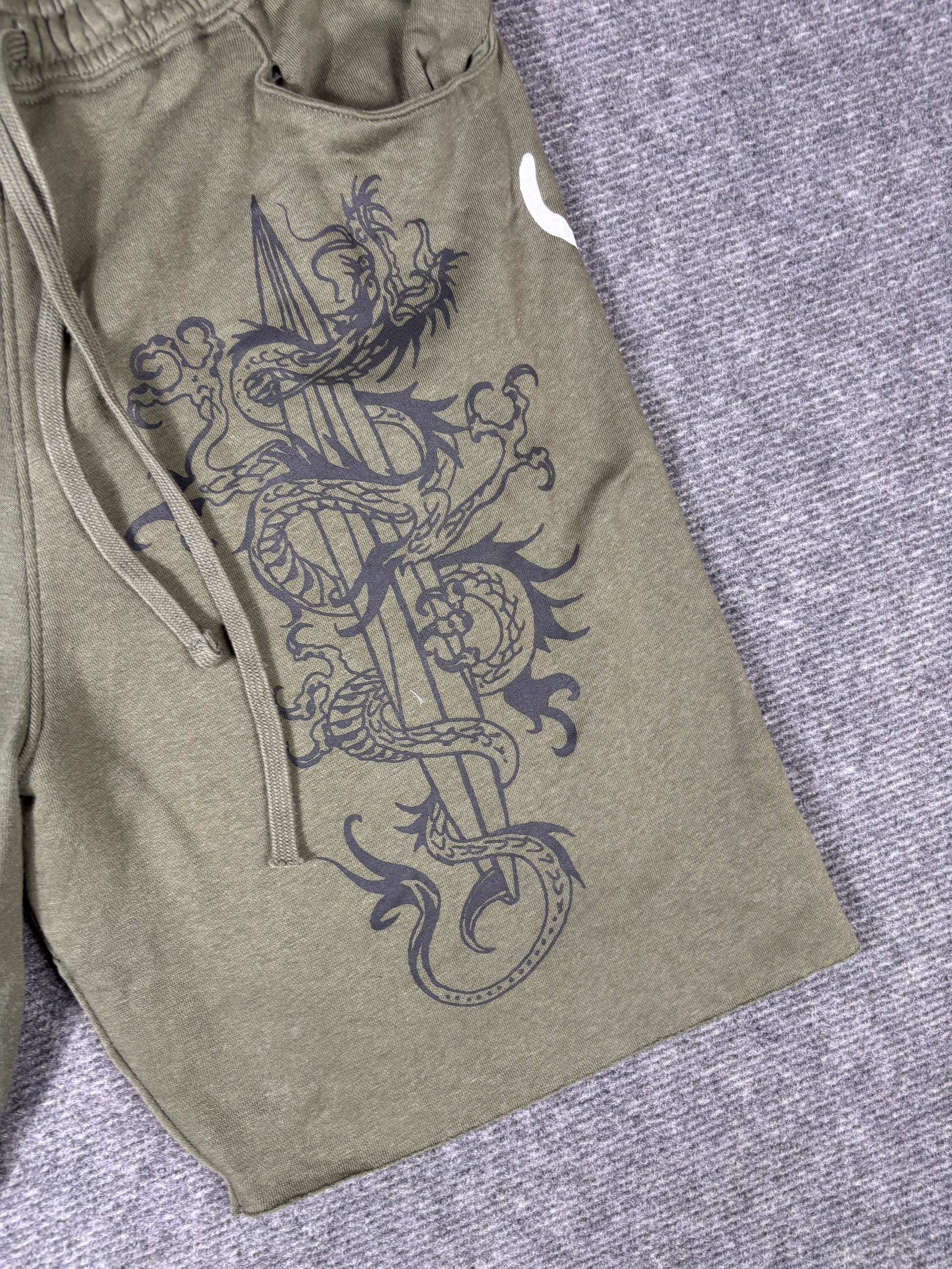 Ed Hardy Sweat Shorts Size XL Green Tattoo Art Dragon Y2K Streetwear Style