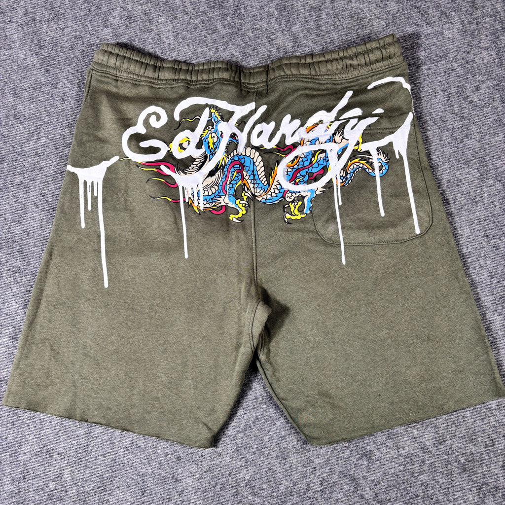 Ed Hardy Sweat Shorts Size XL Green Tattoo Art Dragon Y2K Streetwear Style