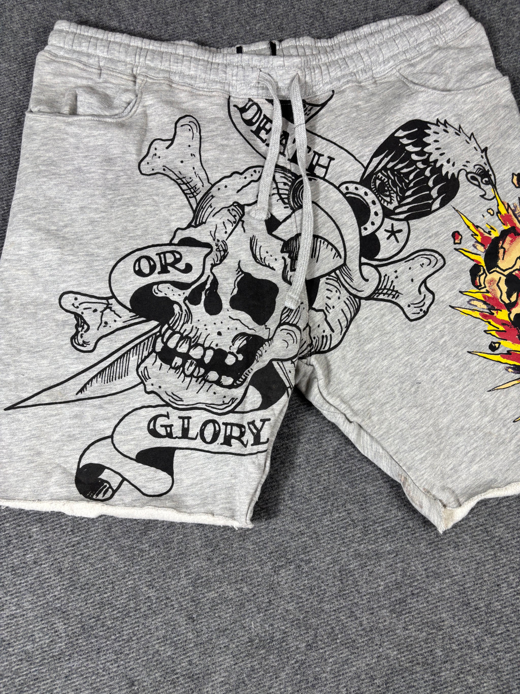 Ed Hardy Sweat Shorts Size XL Grey Tattoo Art Skull Sword Y2K Streetwear Style