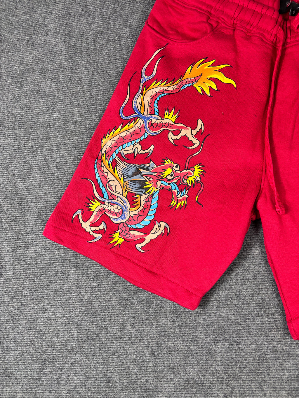 Ed Hardy Sweat Shorts Size S Red Tattoo Art Dragon Y2K Streetwear Style