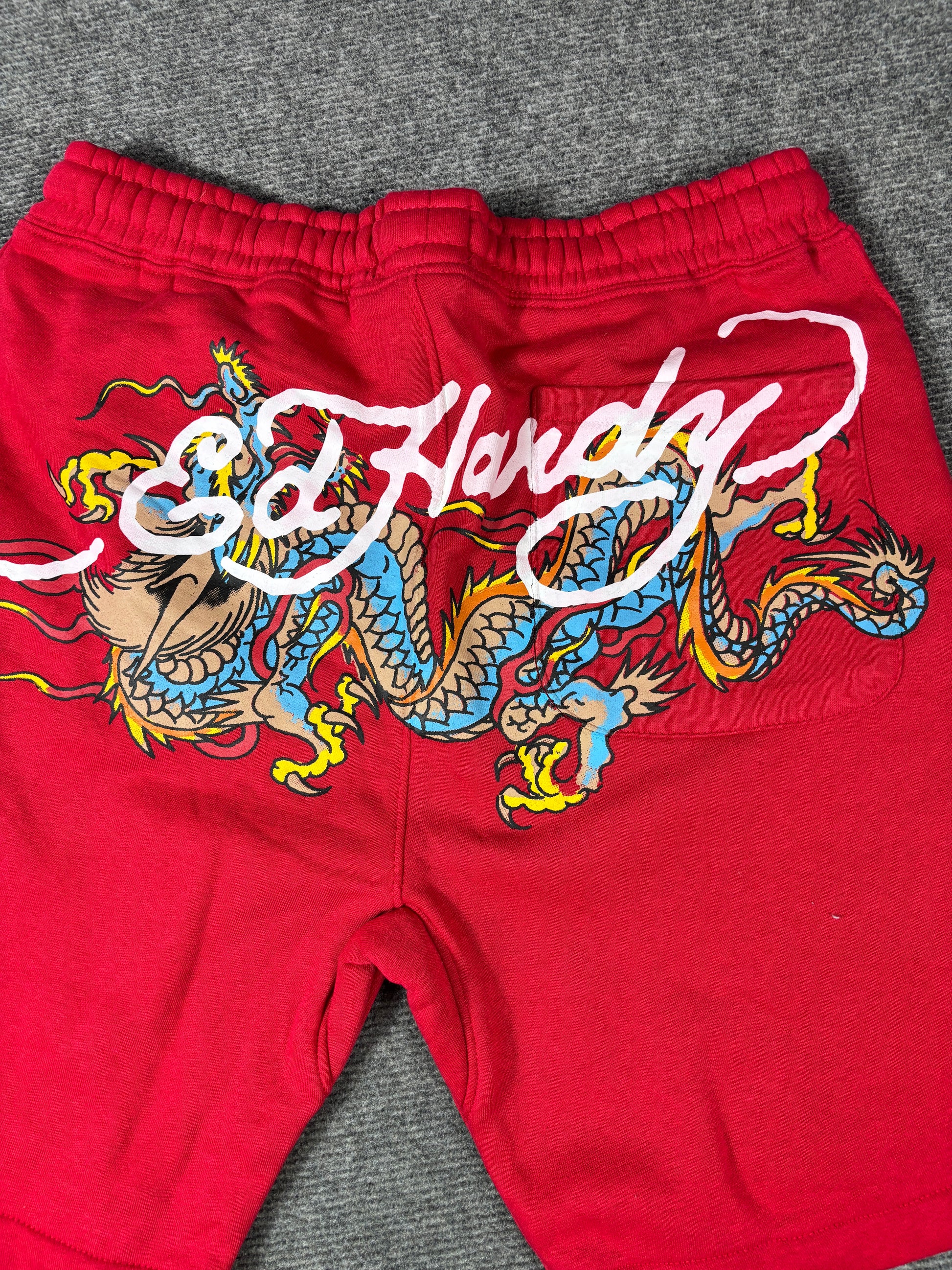 Ed Hardy Sweat Shorts Size S Red Tattoo Art Dragon Y2K Streetwear Style