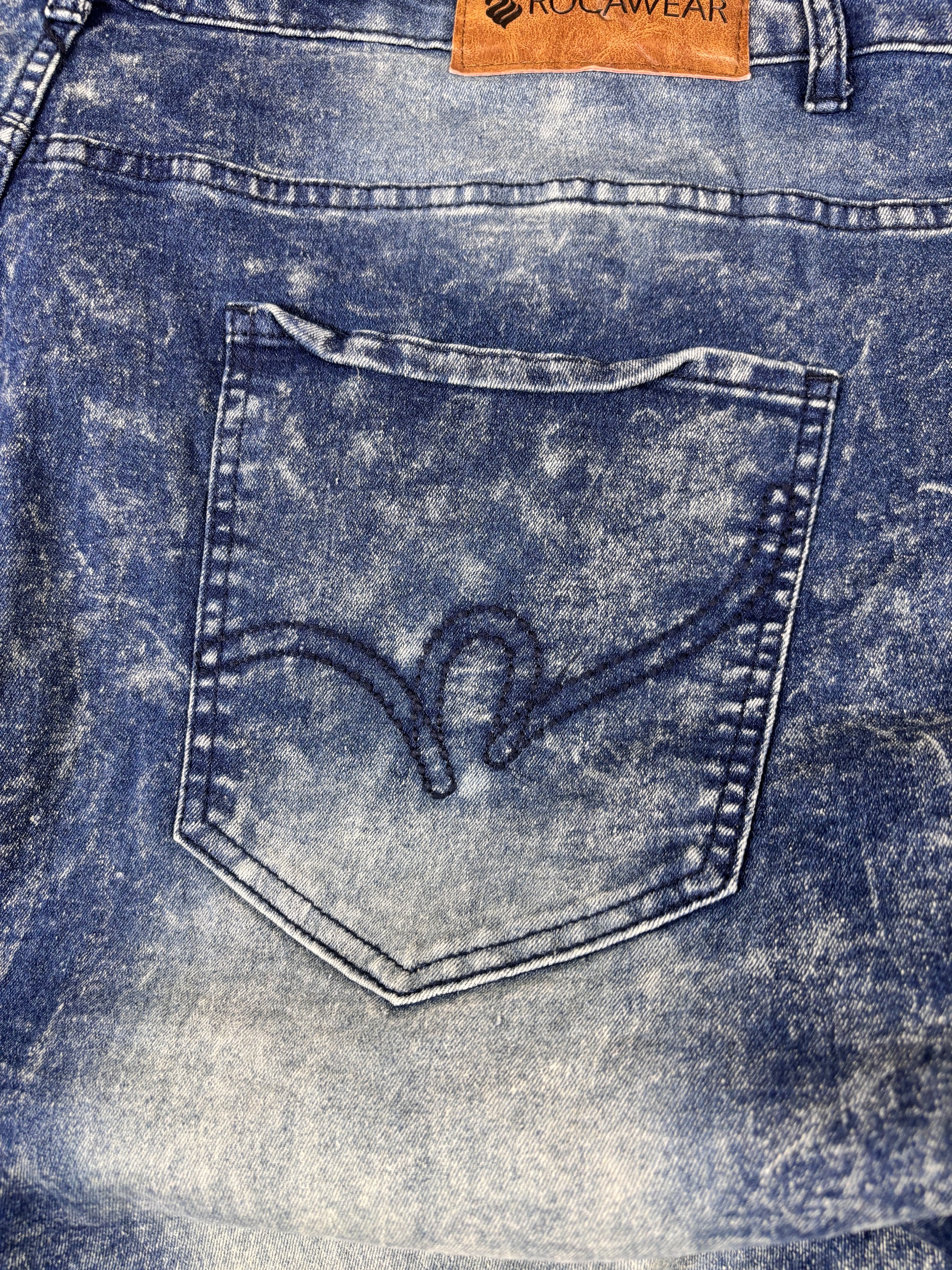 Vintage Rocawear Denim Shorts Men’s 50 Dark Acid-Wash Painted Hip Hop Super Baggy