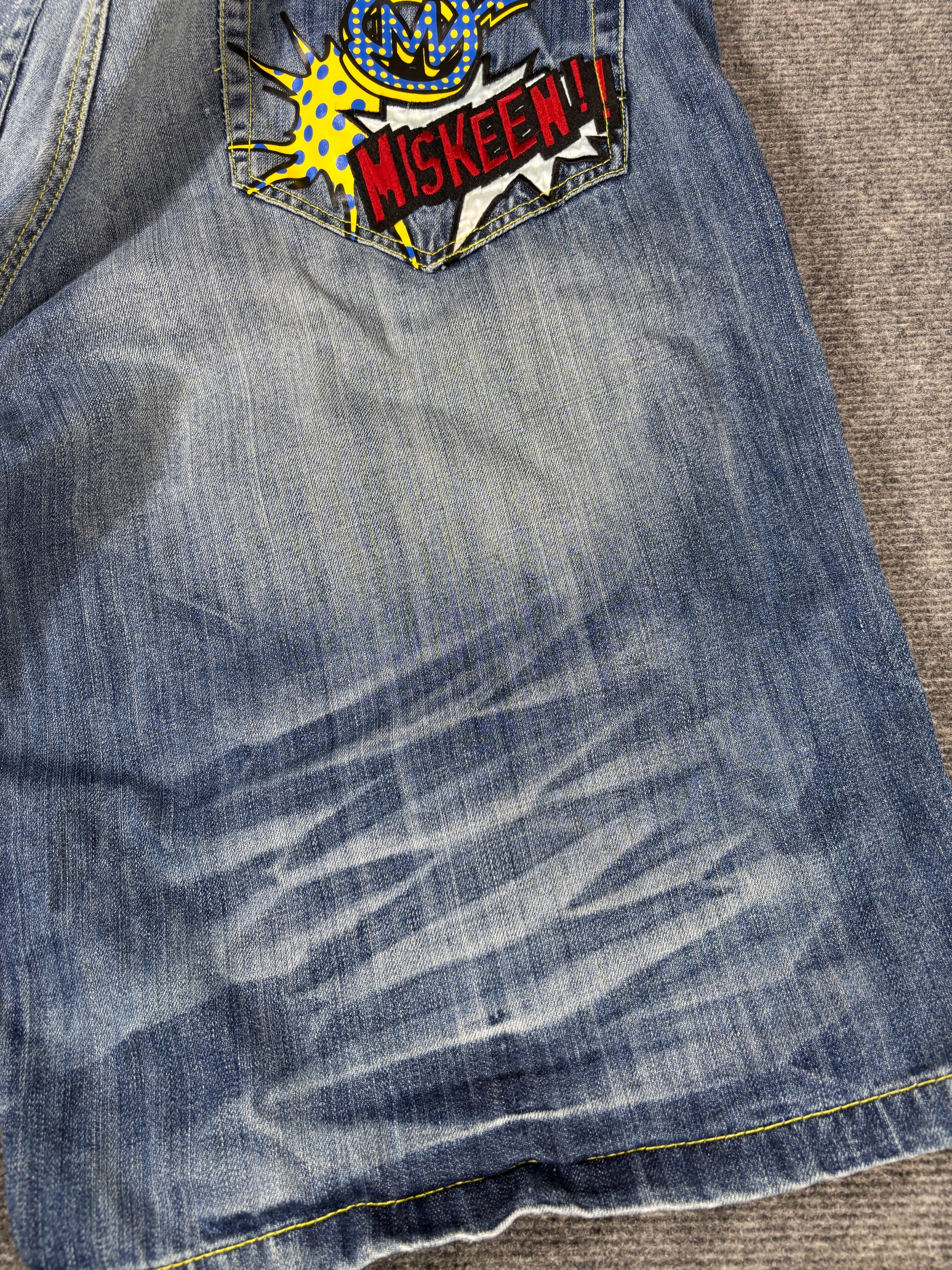 Vintage Miskeen Denim Shorts Men’s 44 Mid-Wash Embroidered Patchwork Hip Hop Jorts