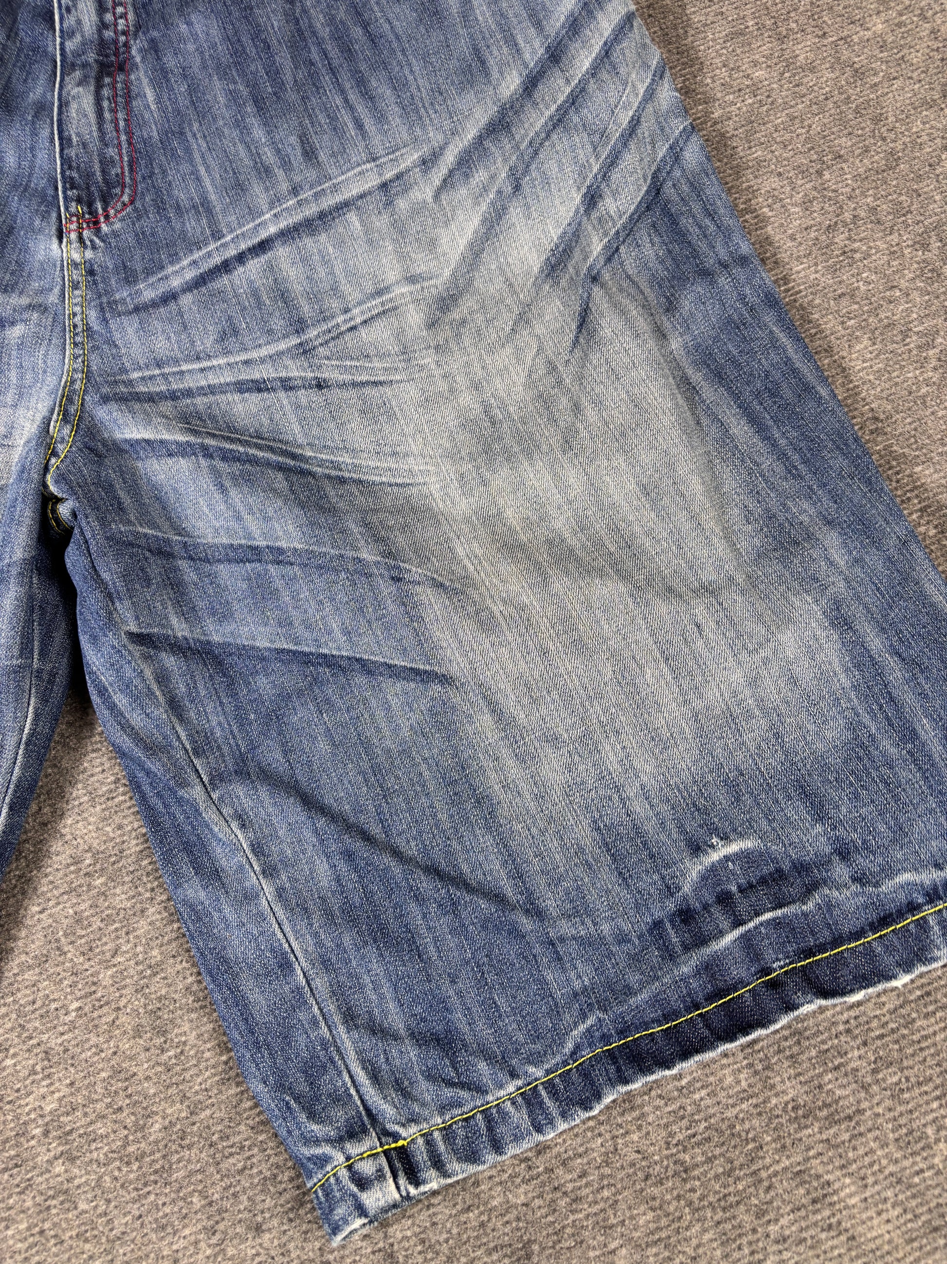 Vintage Miskeen Denim Shorts Men’s 44 Mid-Wash Embroidered Patchwork Hip Hop Jorts