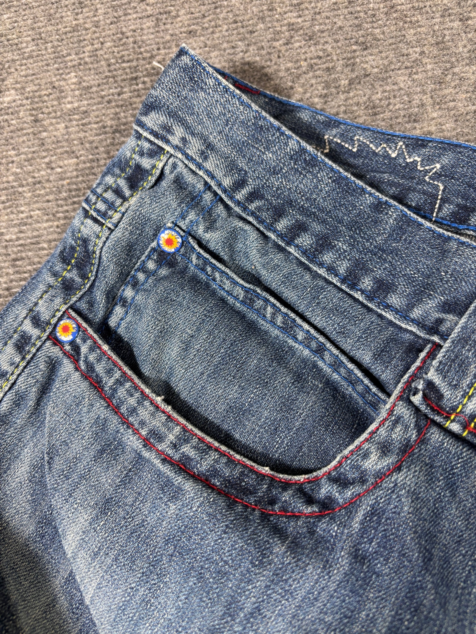 Vintage Miskeen Denim Shorts Men’s 44 Mid-Wash Embroidered Patchwork Hip Hop Jorts