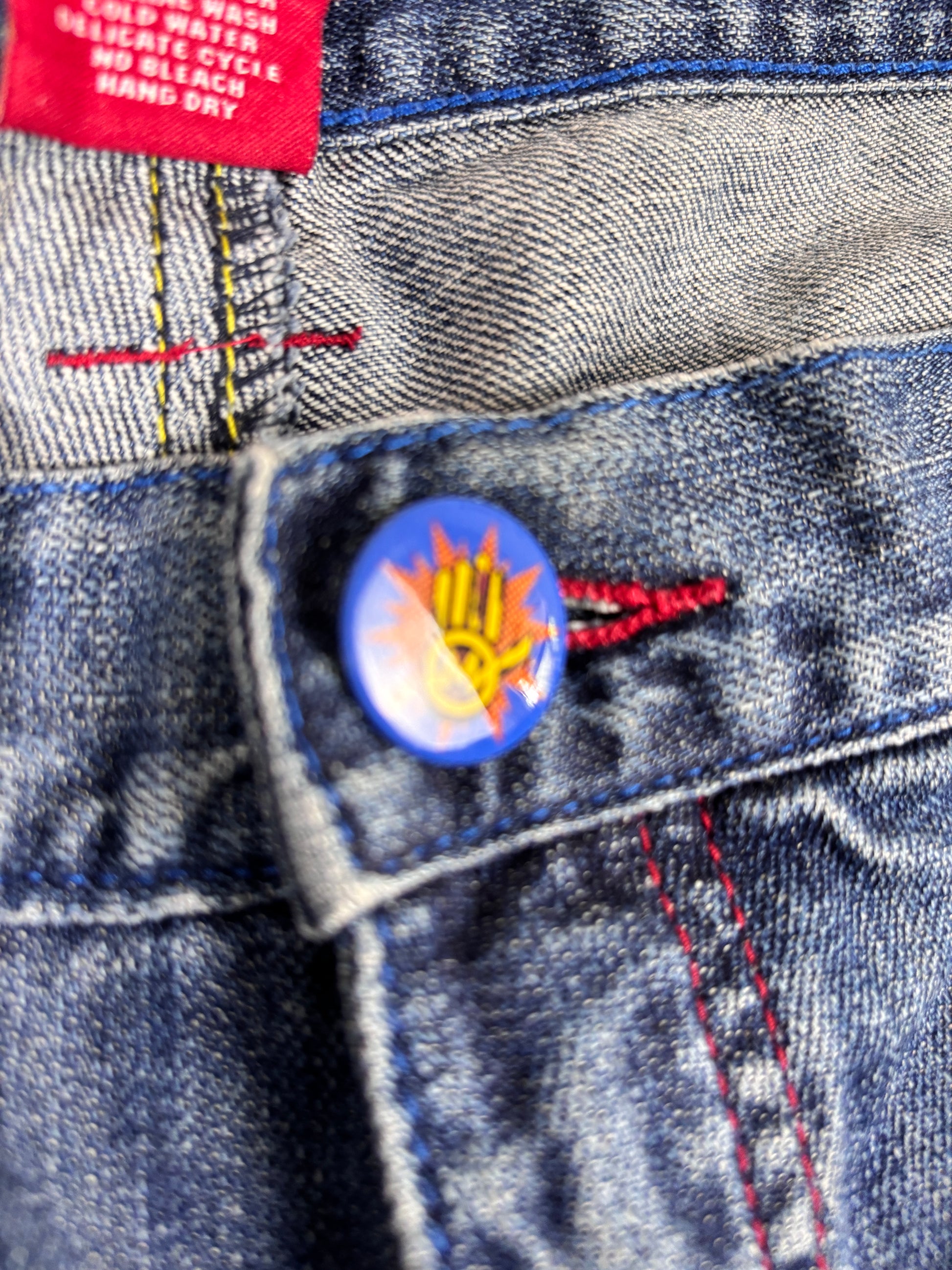 Vintage Miskeen Denim Shorts Men’s 44 Mid-Wash Embroidered Patchwork Hip Hop Jorts