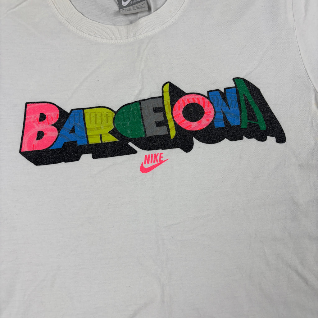 y2k Nike Barcelona T-shirt Women's Small White Colourful Tee