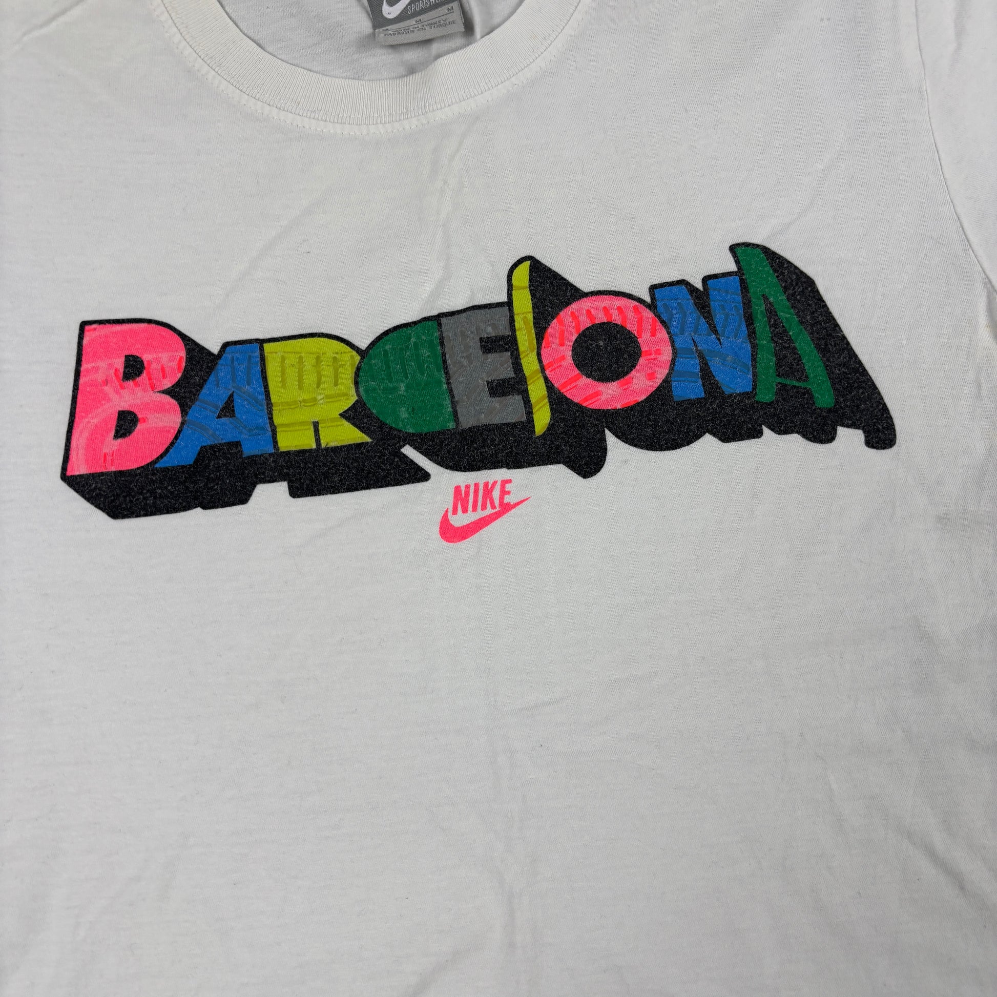 y2k Nike Barcelona T-shirt Women's Small White Colourful Tee