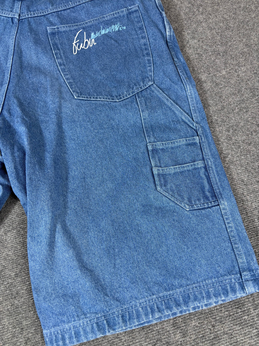 Vintage FUBU Carpenter Cargo Denim Shorts Men’s 46 Mid-Wash Super Baggy Hip Hop