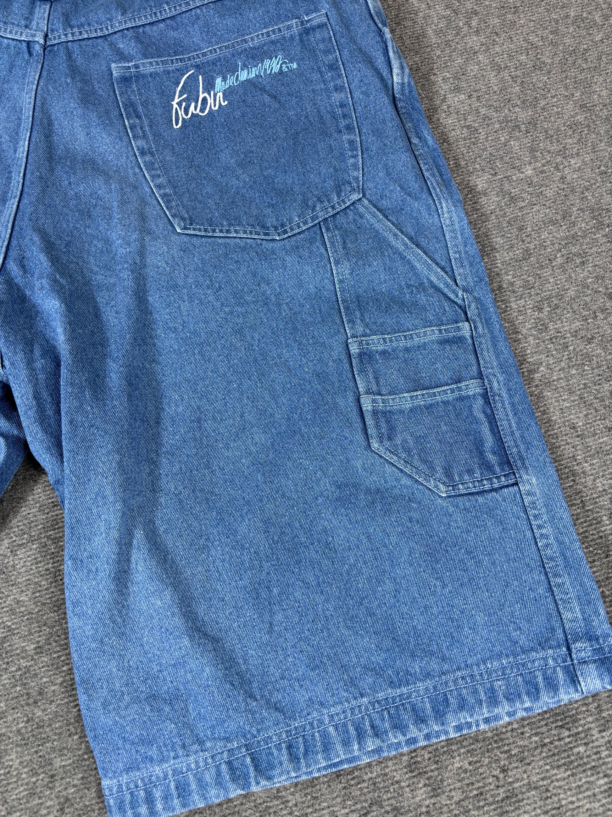 Vintage FUBU Carpenter Cargo Denim Shorts Men’s 46 Mid-Wash Super Baggy Hip Hop