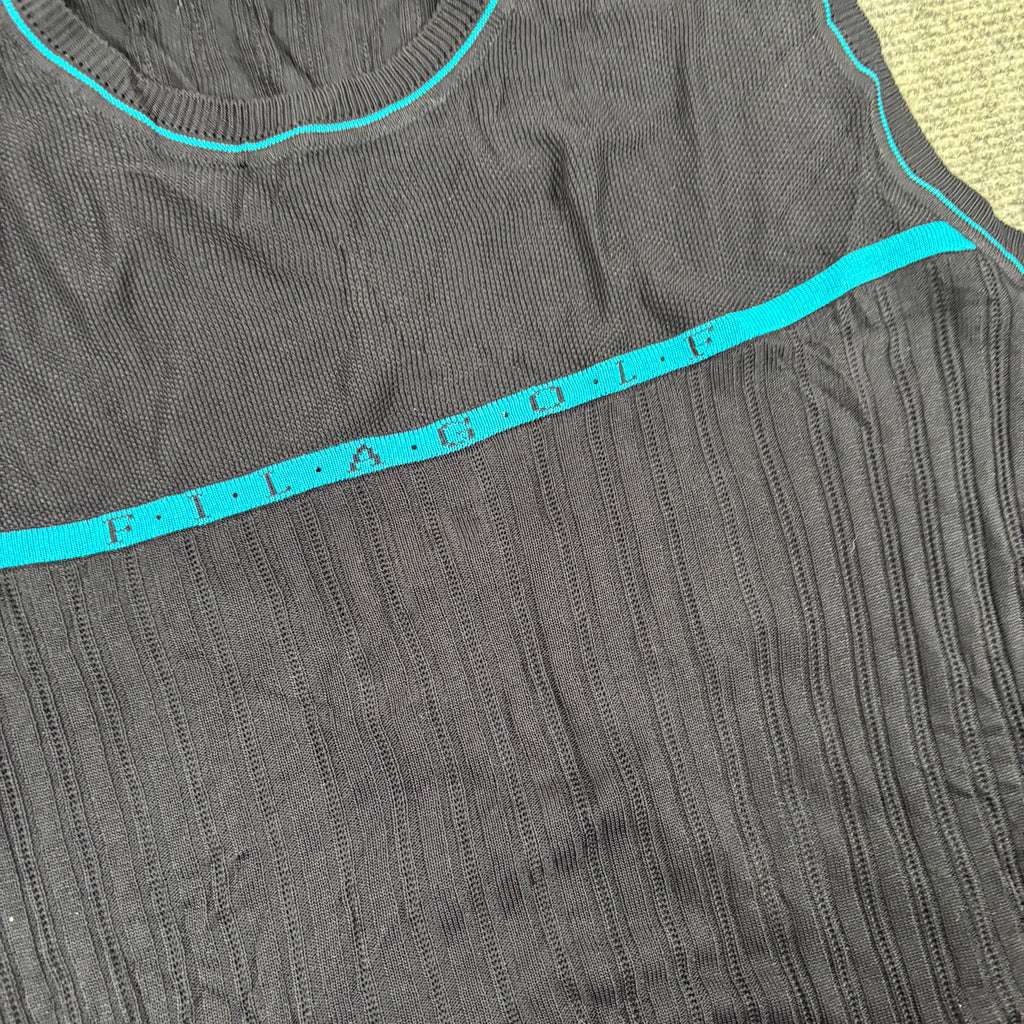 Vintage FILA Golf Vest Women's Small Black Blue Knit Activewear Sweater