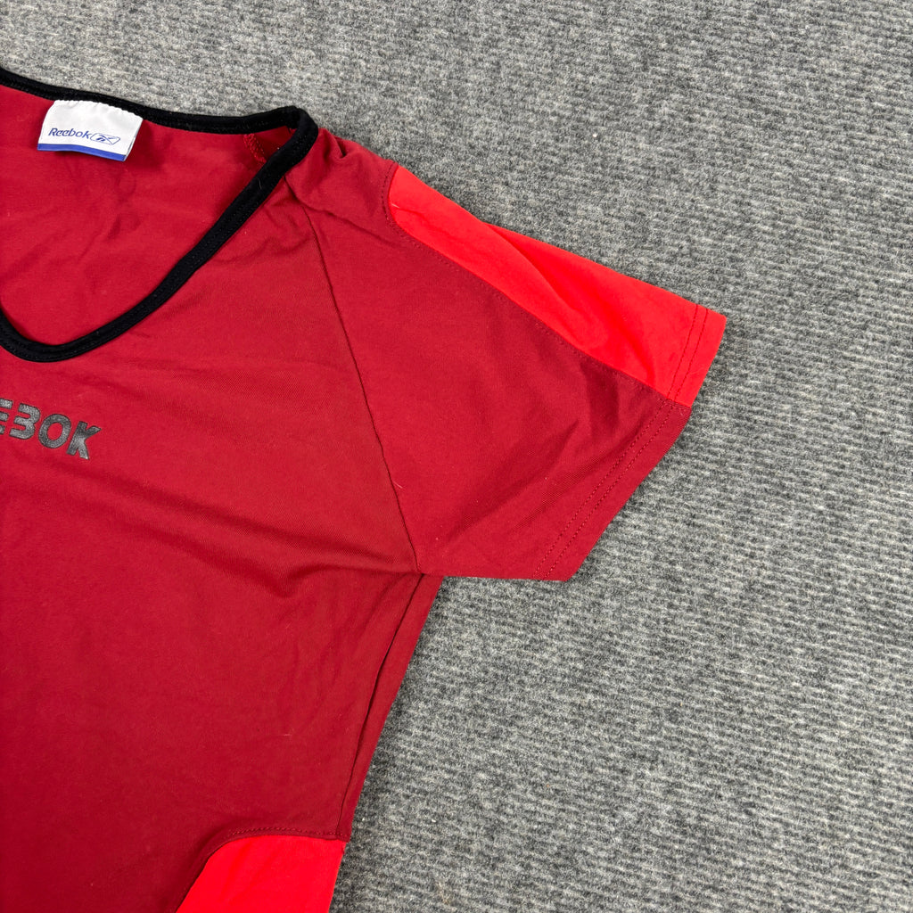 y2k Reebok V-neck Activewear Top Women's XS Red Black Petite Gym T-shirt