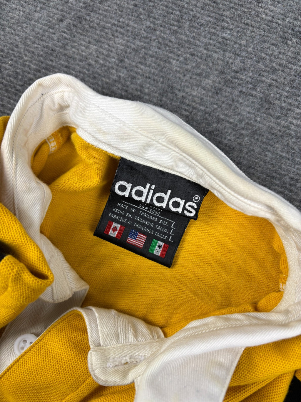 Vintage 90's Adidas Rugby Polo Men's XL Yellow Black Sleeve Spell Out Badge Collared