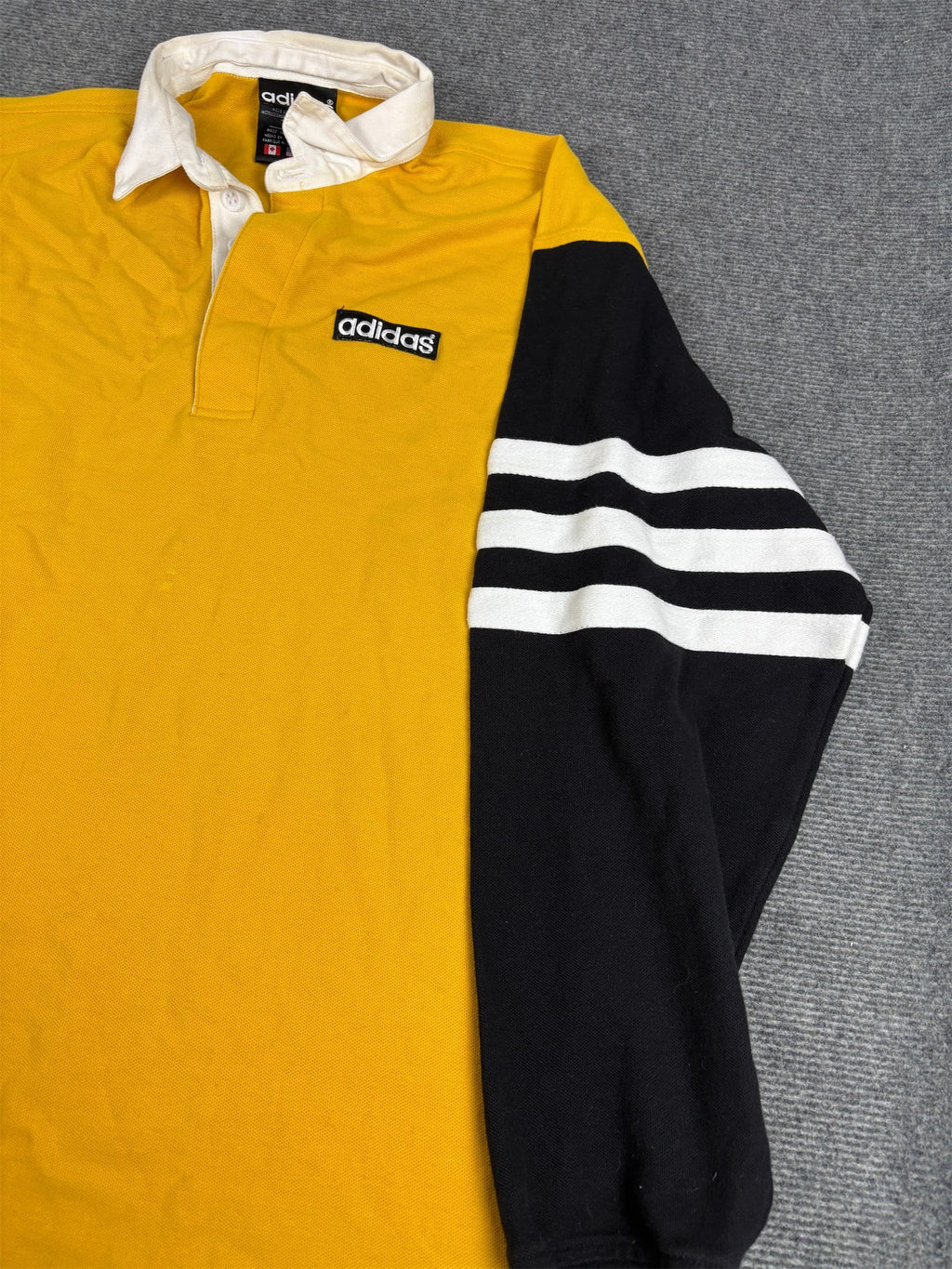 Vintage 90's Adidas Rugby Polo Men's XL Yellow Black Sleeve Spell Out Badge Collared