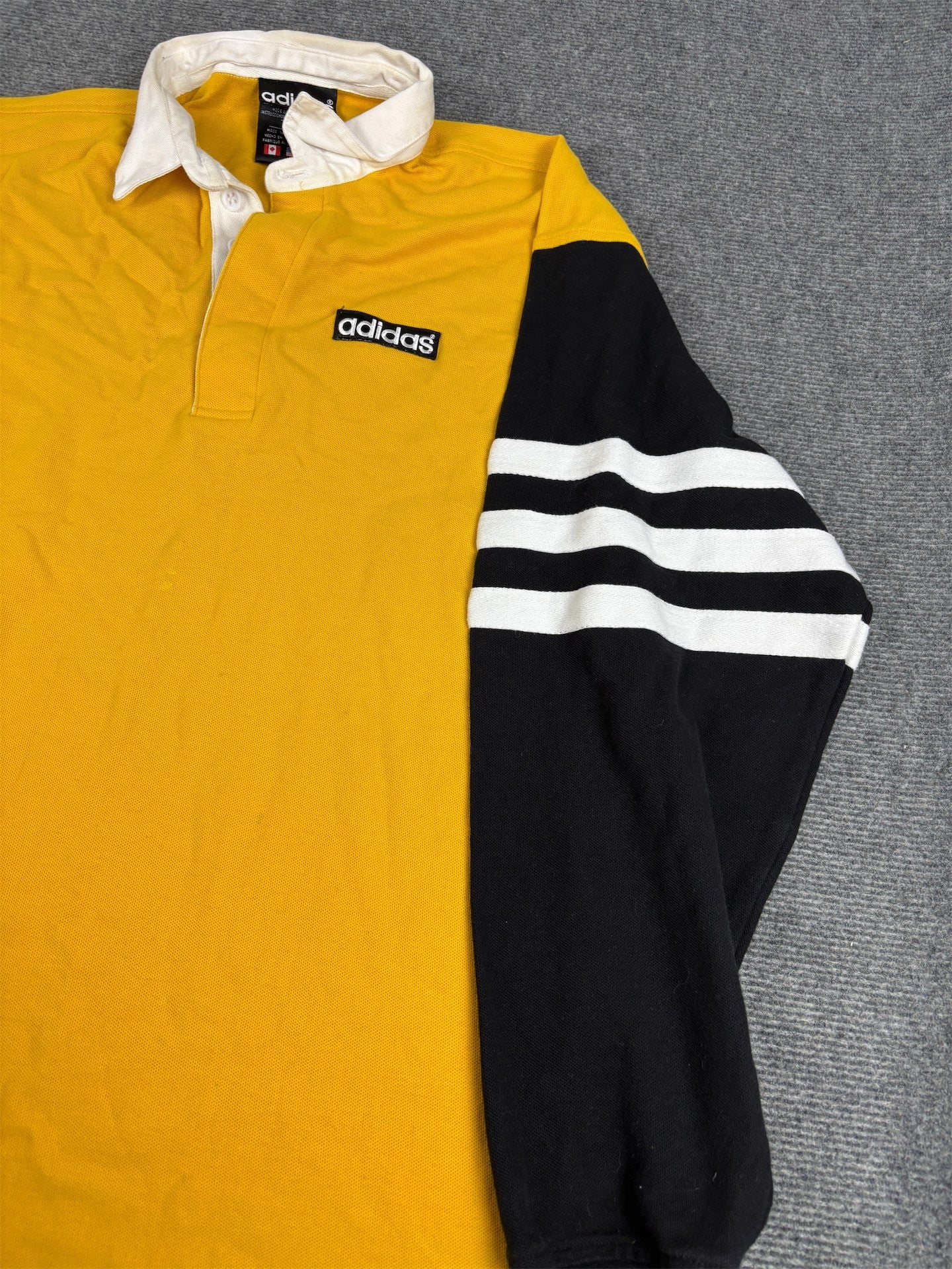 Vintage 90's Adidas Rugby Polo Men's XL Yellow Black Sleeve Spell Out Badge Collared