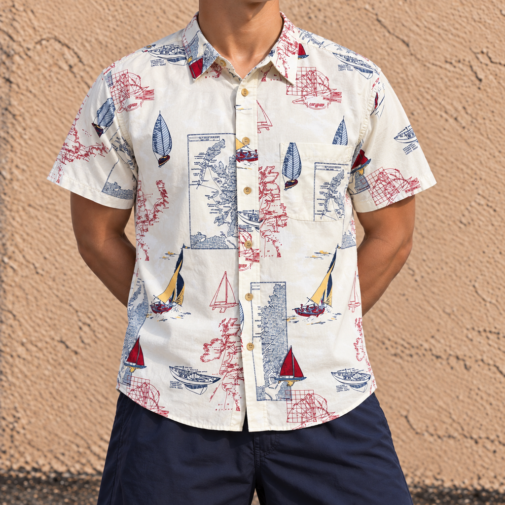 Natural Issue Nautical Print Shirt Men's Medium All Over Graphic Boatwear