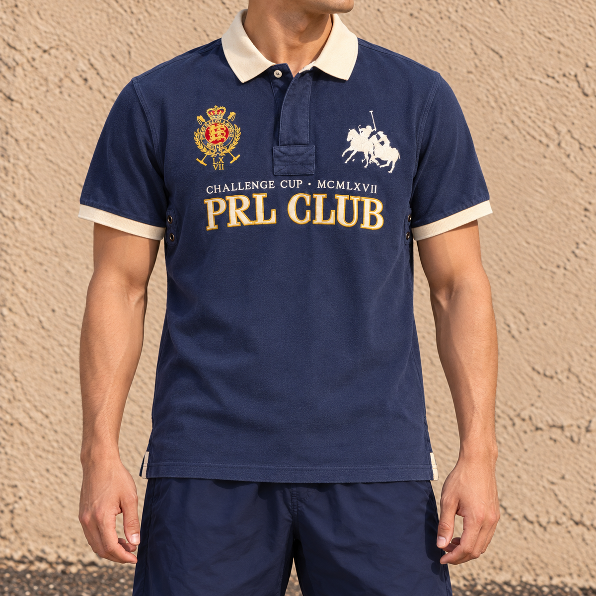 Vintage Men's 90's Ralph Lauren Polo XL Navy PLR Cup 4 Pony Logo + Badge Shirt Collared