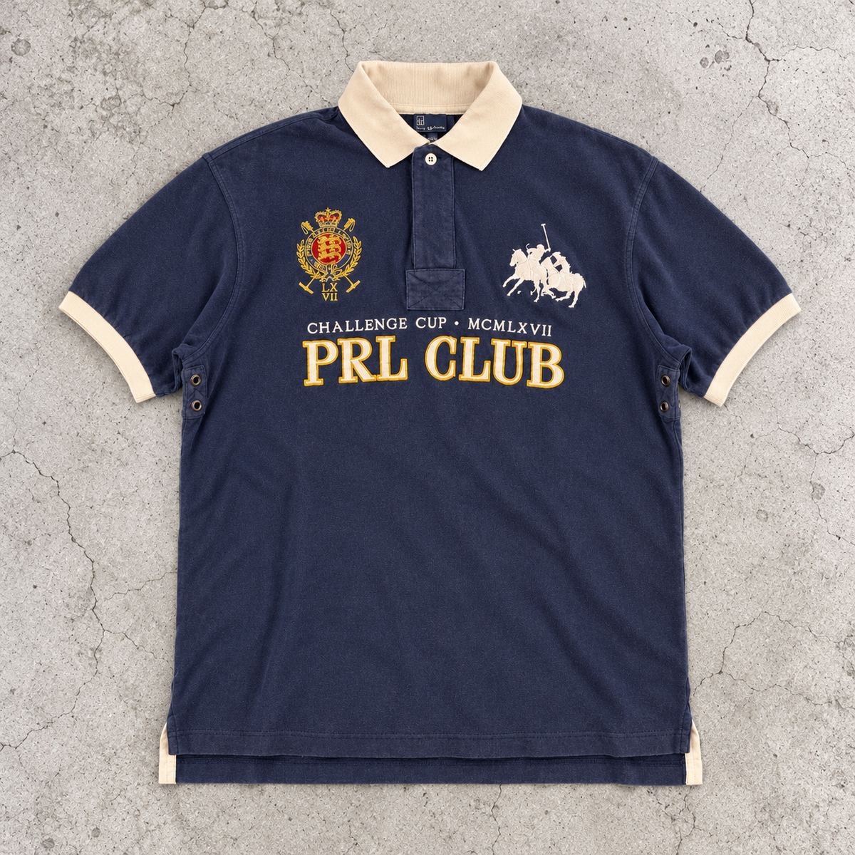 Vintage Men's 90's Ralph Lauren Polo XL Navy PLR Cup 4 Pony Logo + Badge Shirt Collared