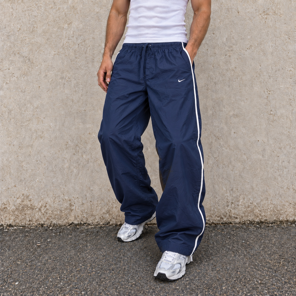 Vintage y2k Nike Track Pants Men's Large Navy White Stripe Ankle Mini Swoosh