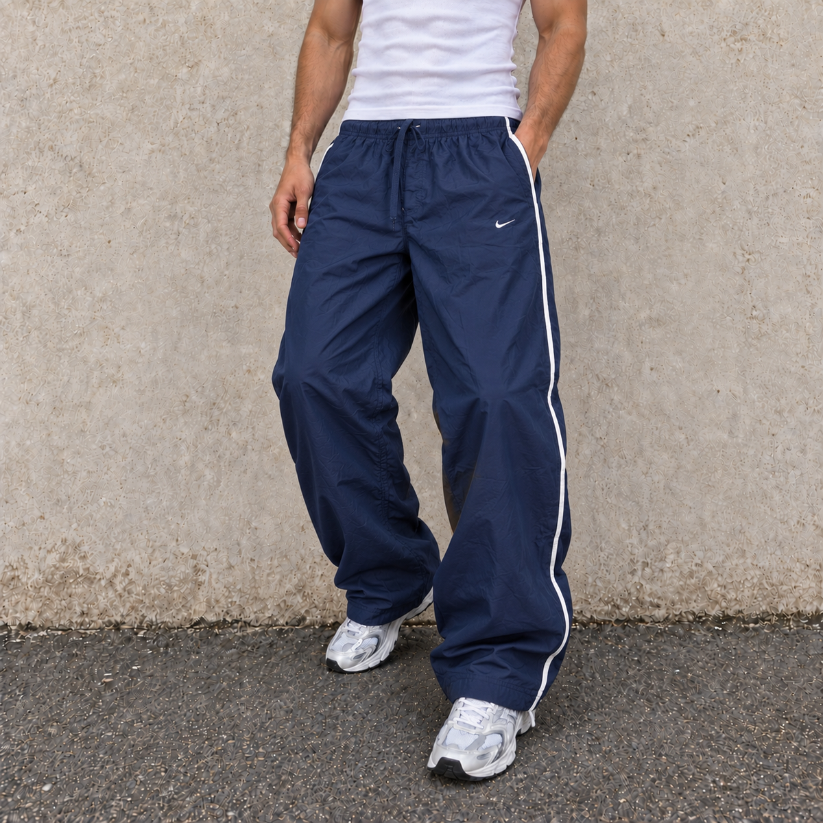 Vintage y2k Nike Track Pants Men's Large Navy White Stripe Ankle Mini Swoosh