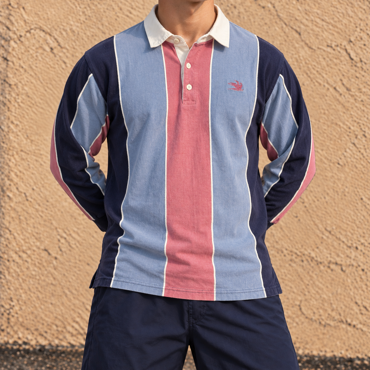 1990s Northern Reflections Rugby Polo  Men's Large Navy Pink Down Stripe Old Money