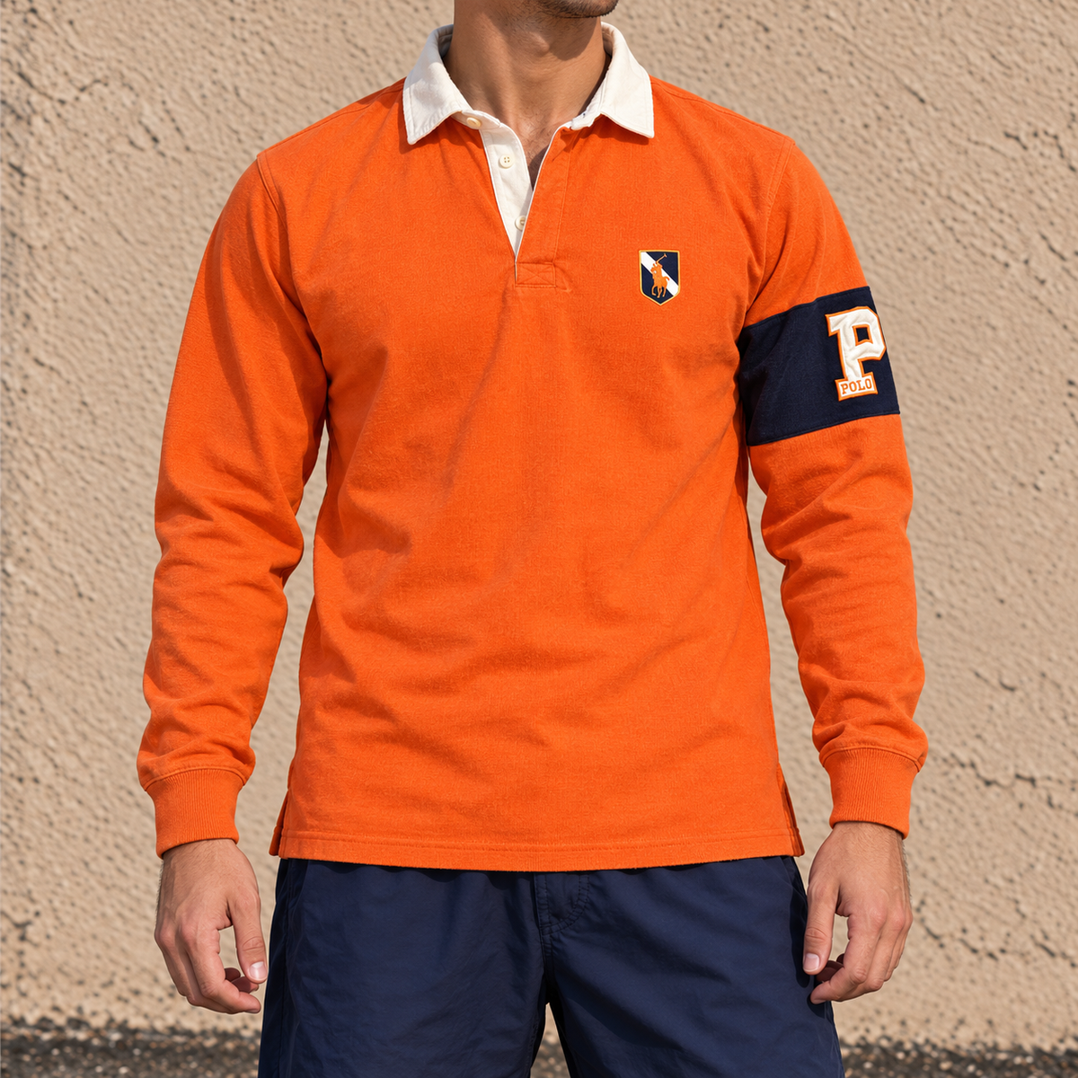 Vintage 90's Ralph Lauren Rugby Polo Men's L Orange Oversized Badge Logo Pony Collared