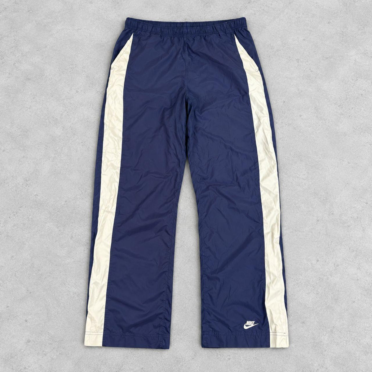Vintage Nike Track Pants 00s Women's Large Navy Cream Stripe Ankle Swoosh