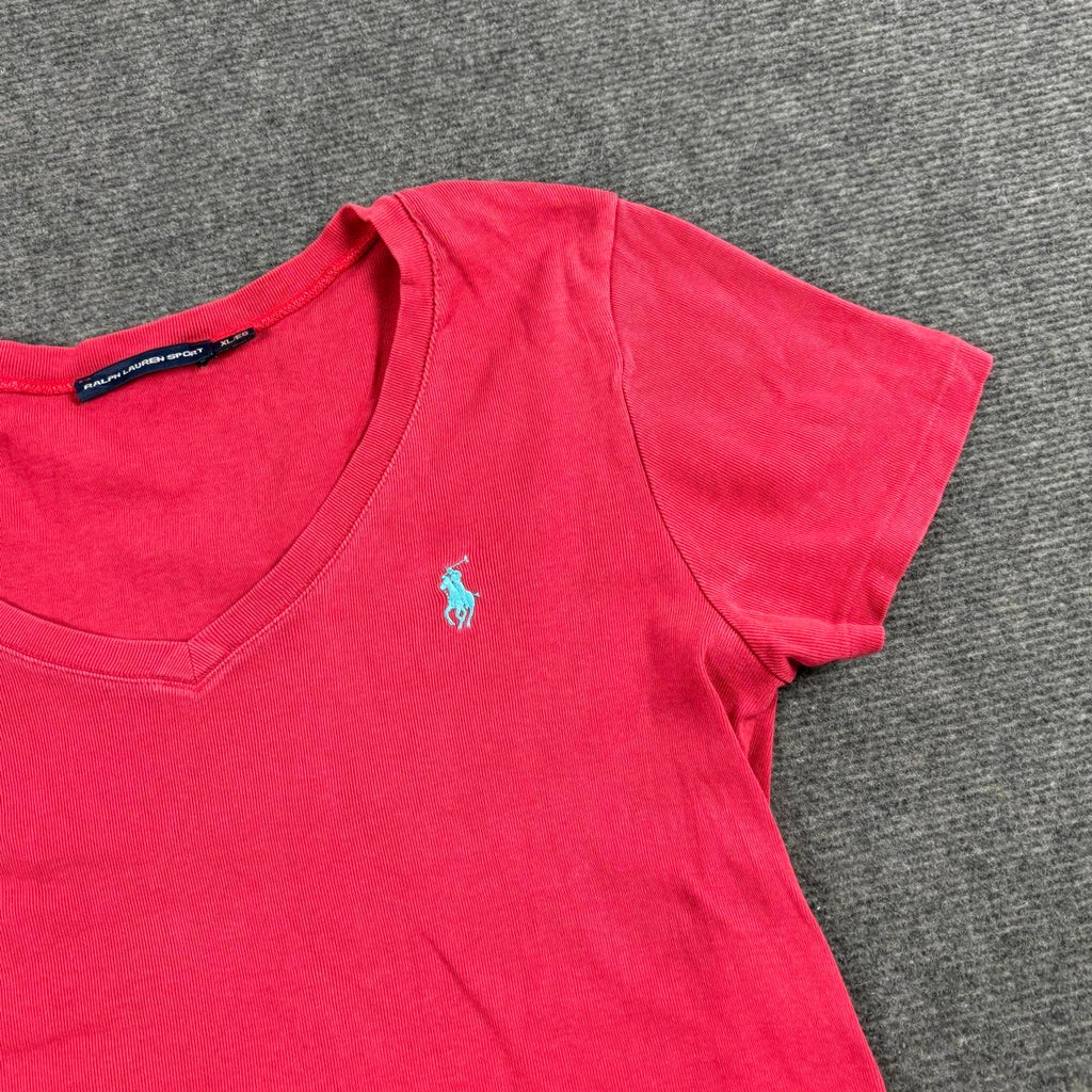 Ralph Lauren Sport V-neck Top Women's Small Red Green Small Pony Activewear T-shirt