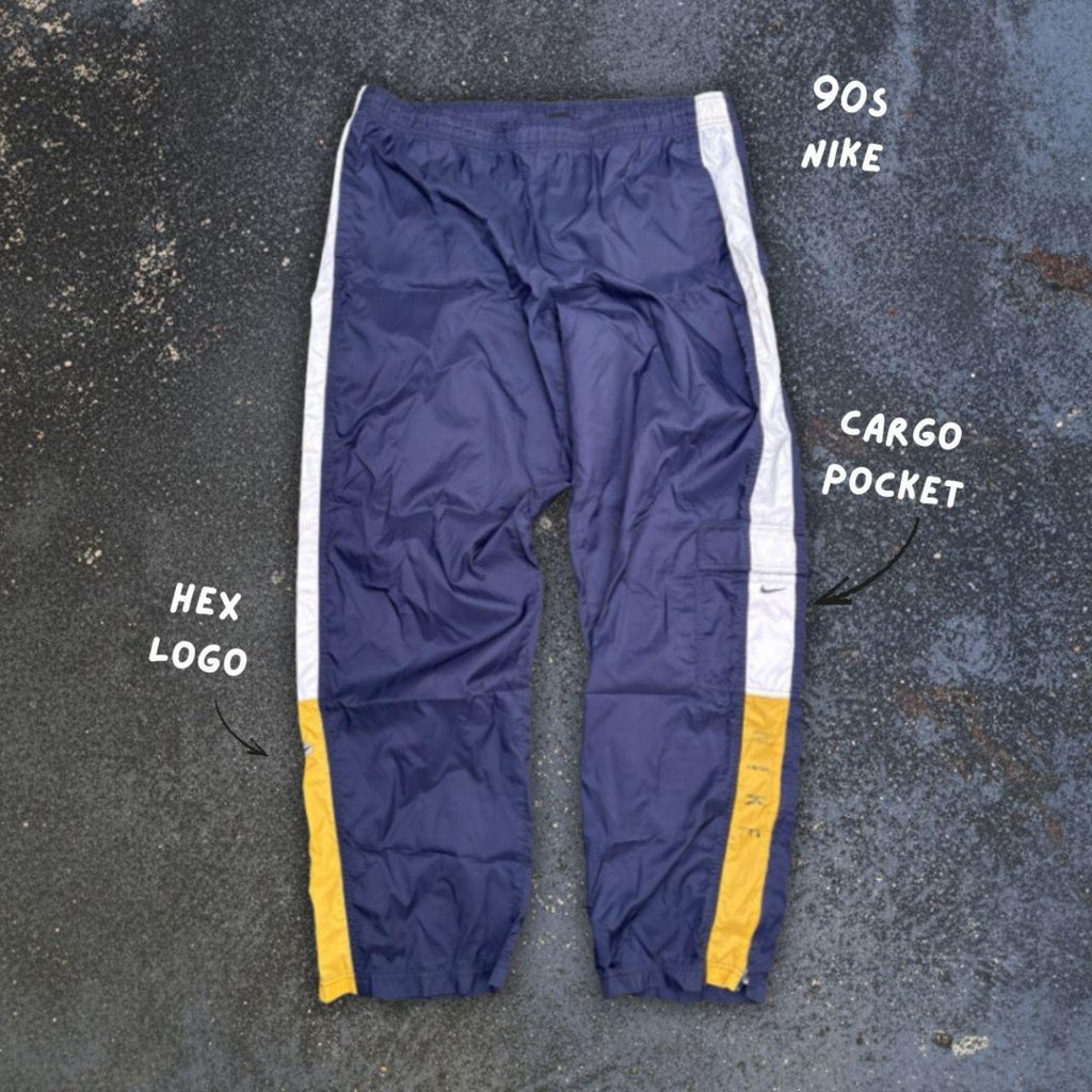 Vintage 90s Nike Cargo Track Pants XL Navy Spell Out Hex Logo Nylon Windbreaker