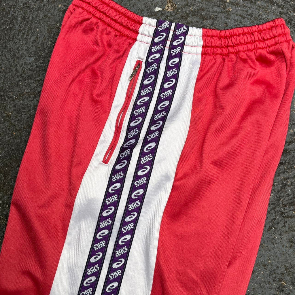 Vintage 90s Asics Track Pants Womens S Red Spell Out Side Tape Straight Leg Retro Style