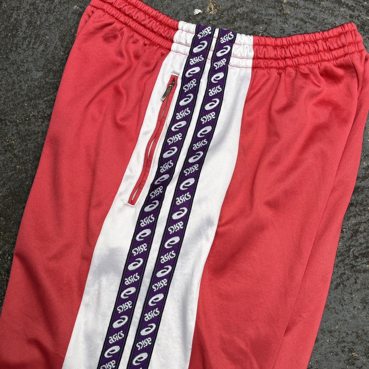 Vintage 90s Asics Track Pants Womens S Red Spell Out Side Tape Straight Leg Retro Style