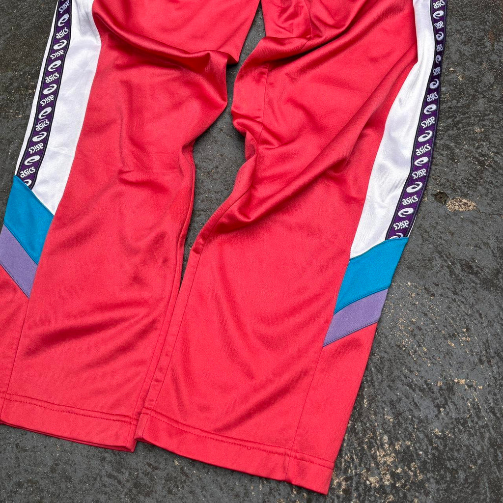 Vintage 90s Asics Track Pants Womens S Red Spell Out Side Tape Straight Leg Retro Style