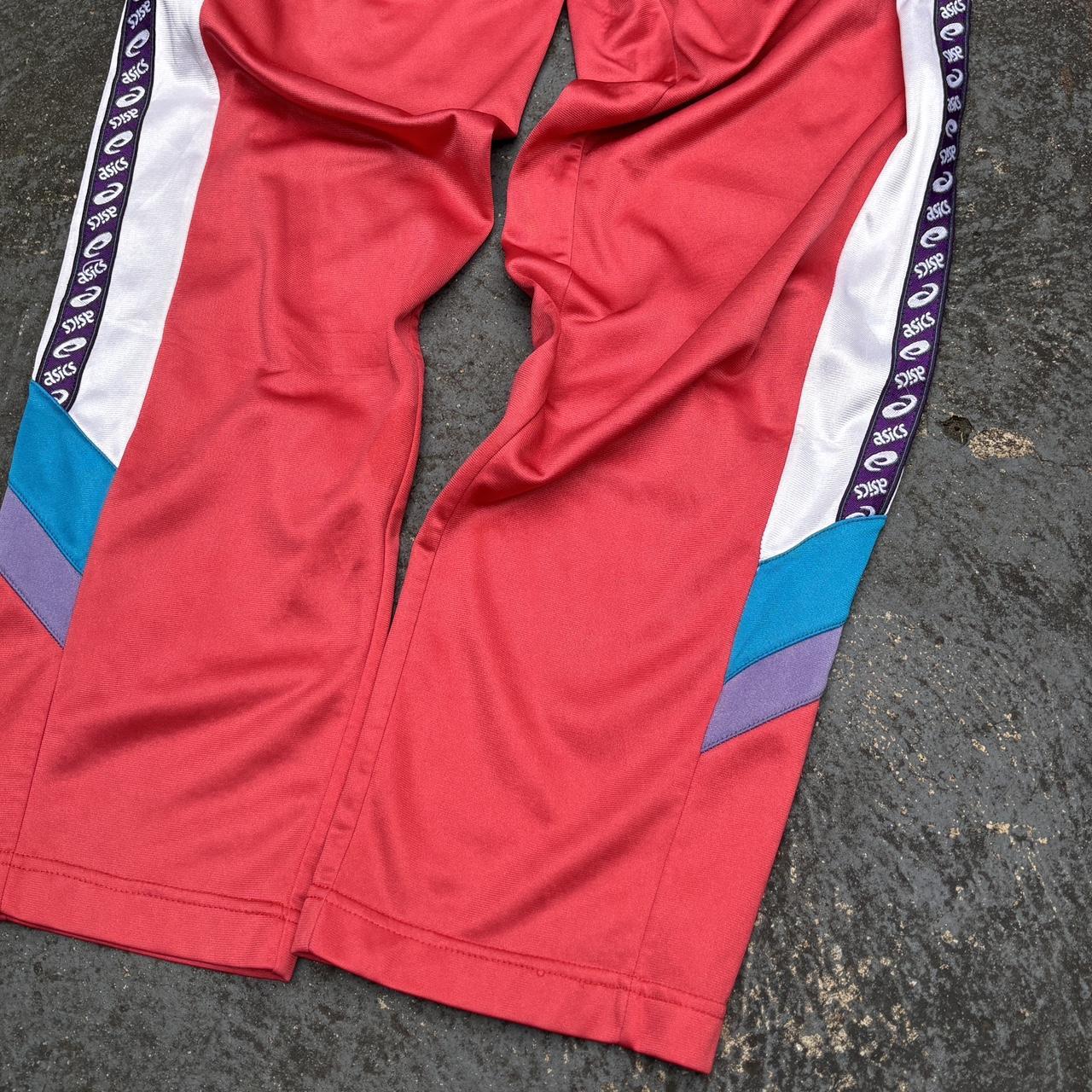 Vintage 90s Asics Track Pants Womens S Red Spell Out Side Tape Straight Leg Retro Style