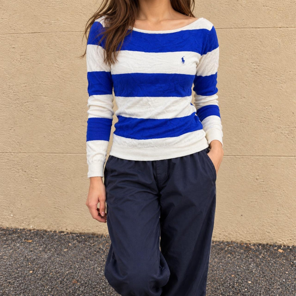 Ralph Lauren Sport Boat Neck Jumper Women's Small Blue White Striped Knit